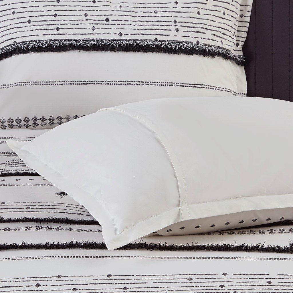 Cotton Printed Comforter Set With Trims Black White Full Queen Queen White Black Cotton