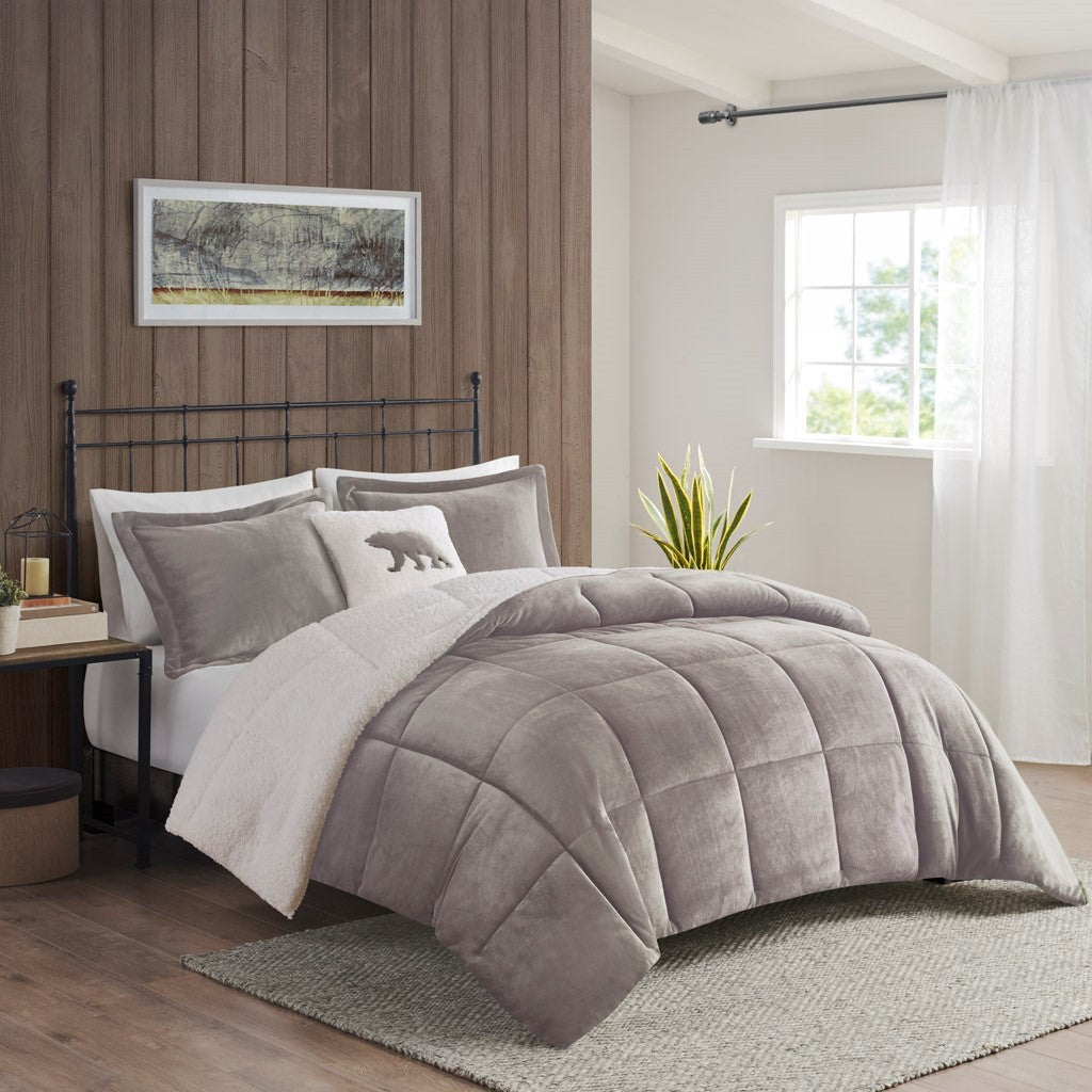 Plush To Sherpa Down Alternative Comforter Set King Grey Ivory Polyester