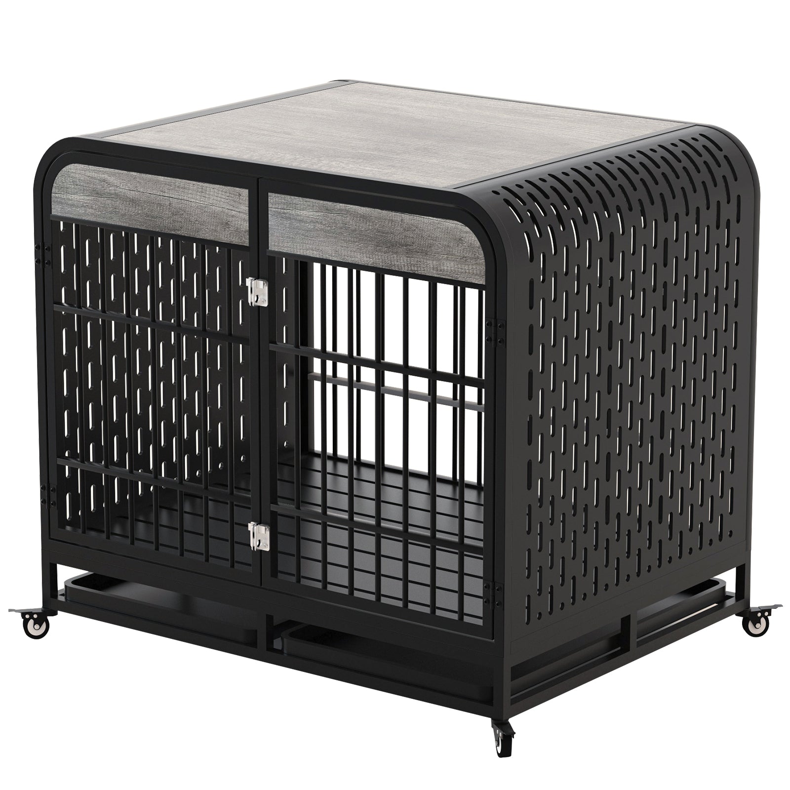 Heavy Duty Dog Crate Furniture Wooden Table Pet Dog Cage Kennel House Indoor Side End Table Decor With Removable Trays And Lockable Wheels For Medium And Large Dogs 40" Grey Grey Outdoor Kennel Medium 26 40 Lbs Mdf Steel