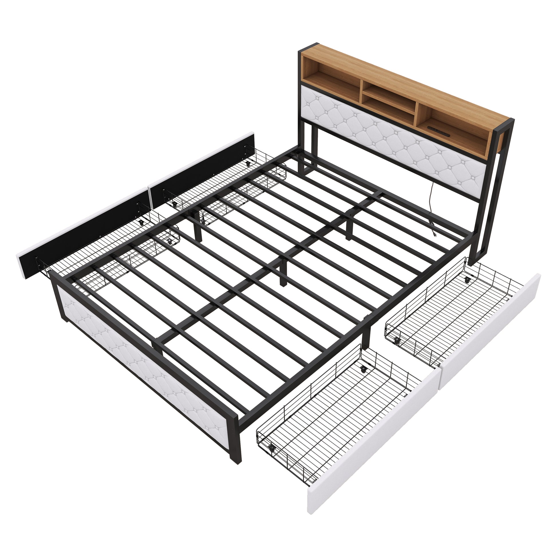 Metal Queen Size Platform Bed With 4 Drawers, Upholstered Headboard And Footboard, Sockets And Usb Ports, White Queen White Black Fabric Metal