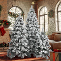 Pre Lit Spruce Snow Flocked Xmas Tree Set 4Ft, 6Ft, 7.5Ft With Pine Cones, Pe & Pvc Mixed Leaves, Artificial Hinged Xmas Tree With 820 Led Lights & 11 Flashing Modes, Perfect For Holiday Decoration White Green Polyethylene,Pvc