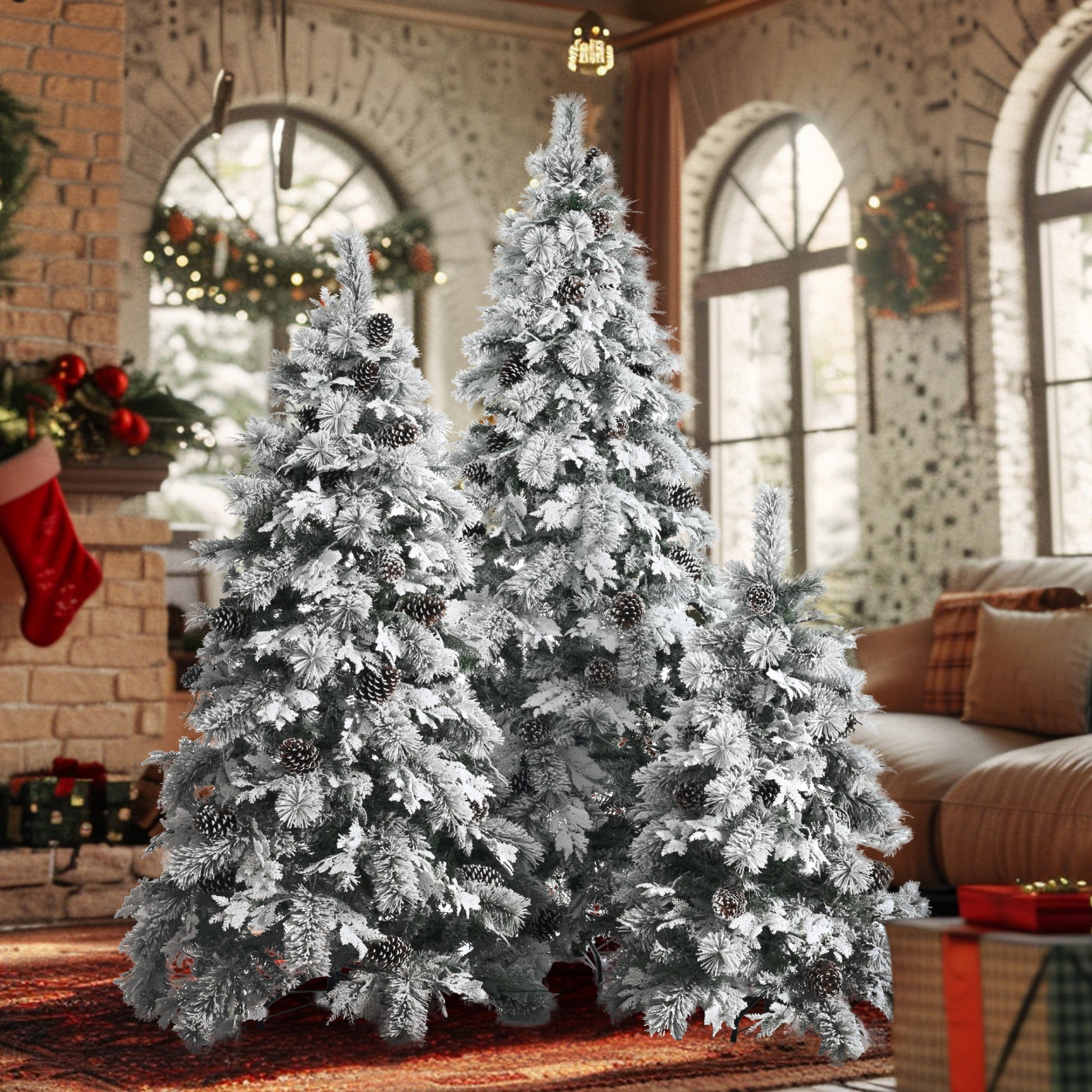 Pre Lit Spruce Snow Flocked Xmas Tree Set 4Ft, 6Ft, 7.5Ft With Pine Cones, Pe & Pvc Mixed Leaves, Artificial Hinged Xmas Tree With 820 Led Lights & 11 Flashing Modes, Perfect For Holiday Decoration White Green Polyethylene,Pvc