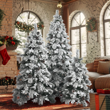 Pre Lit Spruce Snow Flocked Xmas Tree Set 4Ft, 6Ft, 7.5Ft With Pine Cones, Pe & Pvc Mixed Leaves, Artificial Hinged Xmas Tree With 820 Led Lights & 11 Flashing Modes, Perfect For Holiday Decoration White Green Polyethylene,Pvc