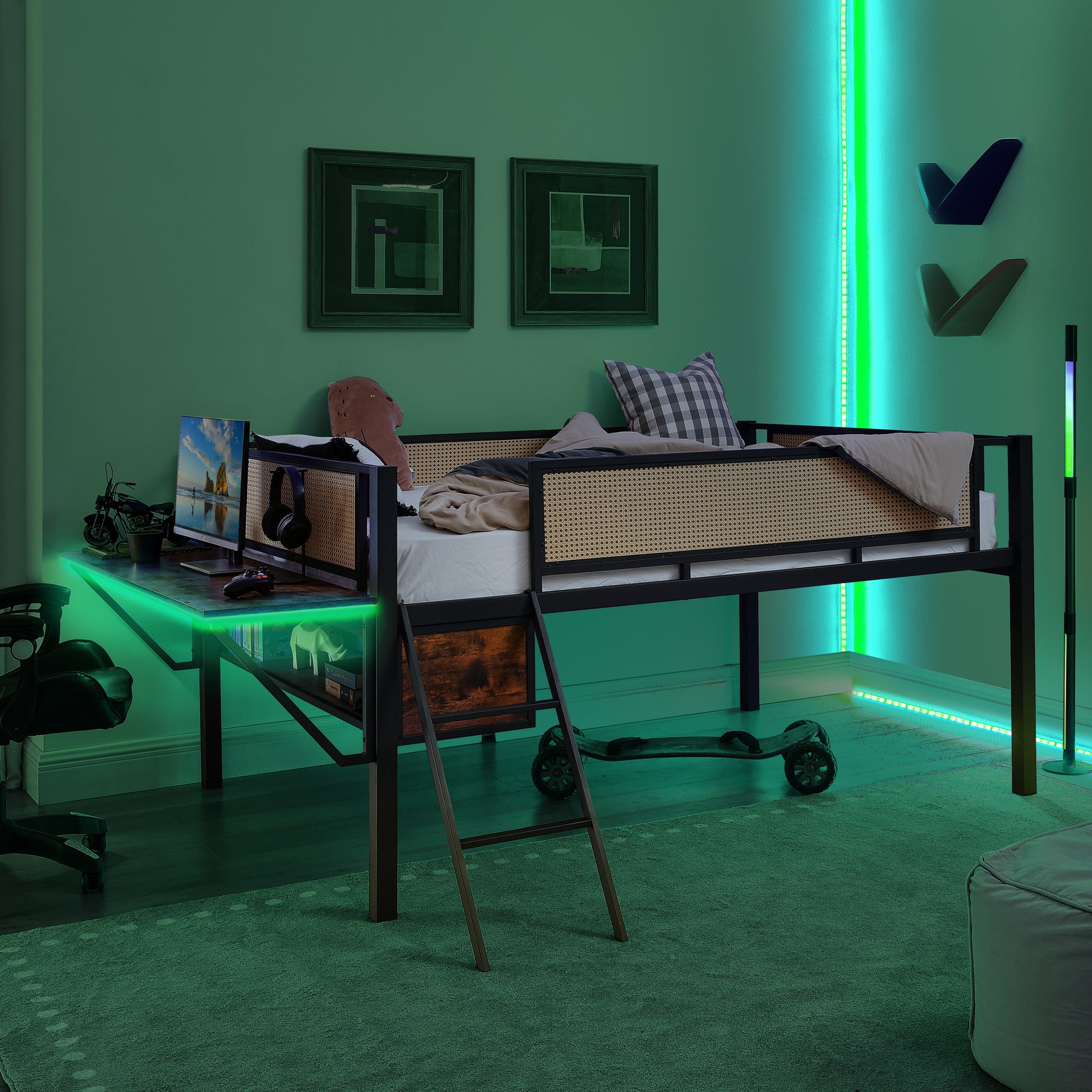 Single Metal Loft Bed With Rectangular Desk, Led Lights, Led Loft Bed Frame Double Bed With Storage Shelves And Hanging Storage Compartments, Safety Guard And Ladder, No Box Springs Required, Rattan G Full Black Brown Mdf Iron