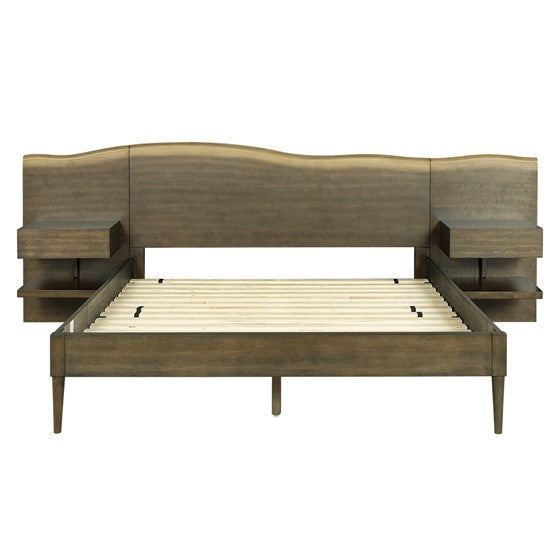 Platform Bed Frame With Live Edge Headboard And Built In Nightstands Drawers Dark Brown Wood
