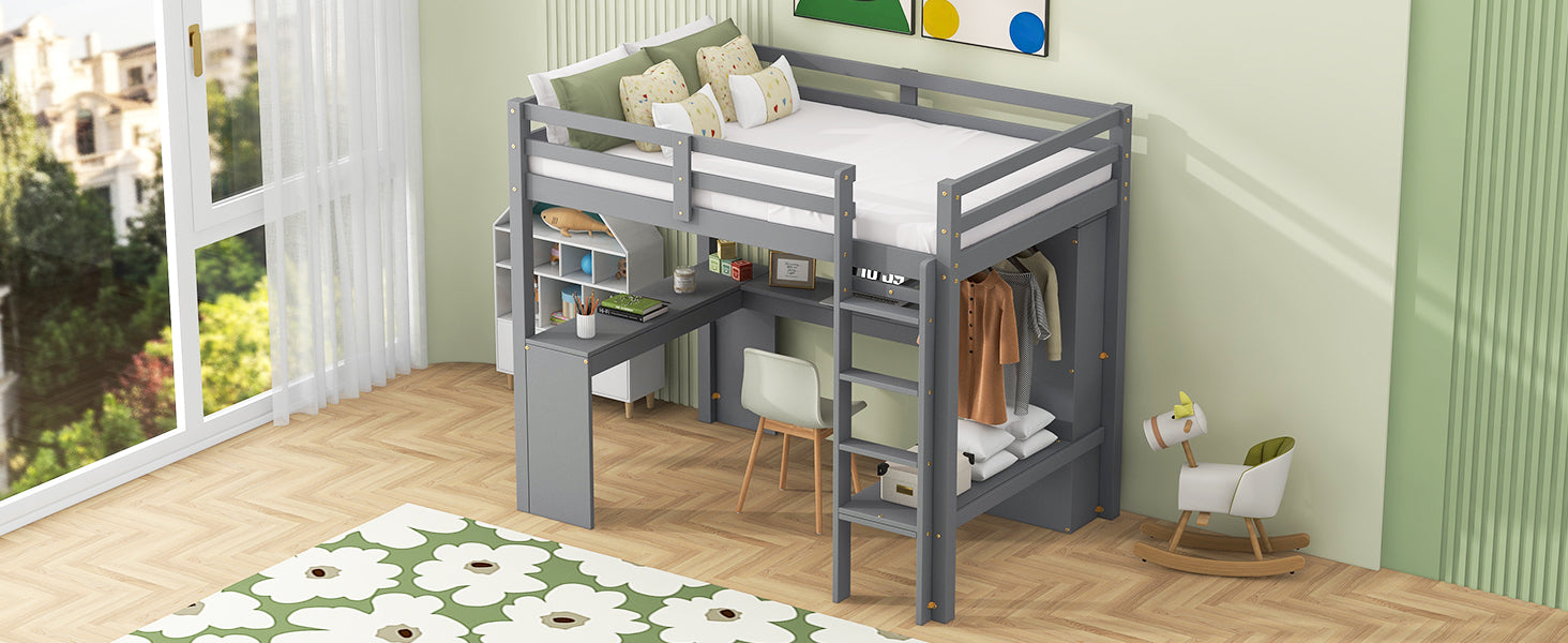 Twin Size Loft Bed With L Shaped Desk, Wardrobe And Storage Shelves, Grey Expected Arrival Time: 8.31 Box Spring Not Required Twin Grey Wood Bedroom Solid Wood Mdf