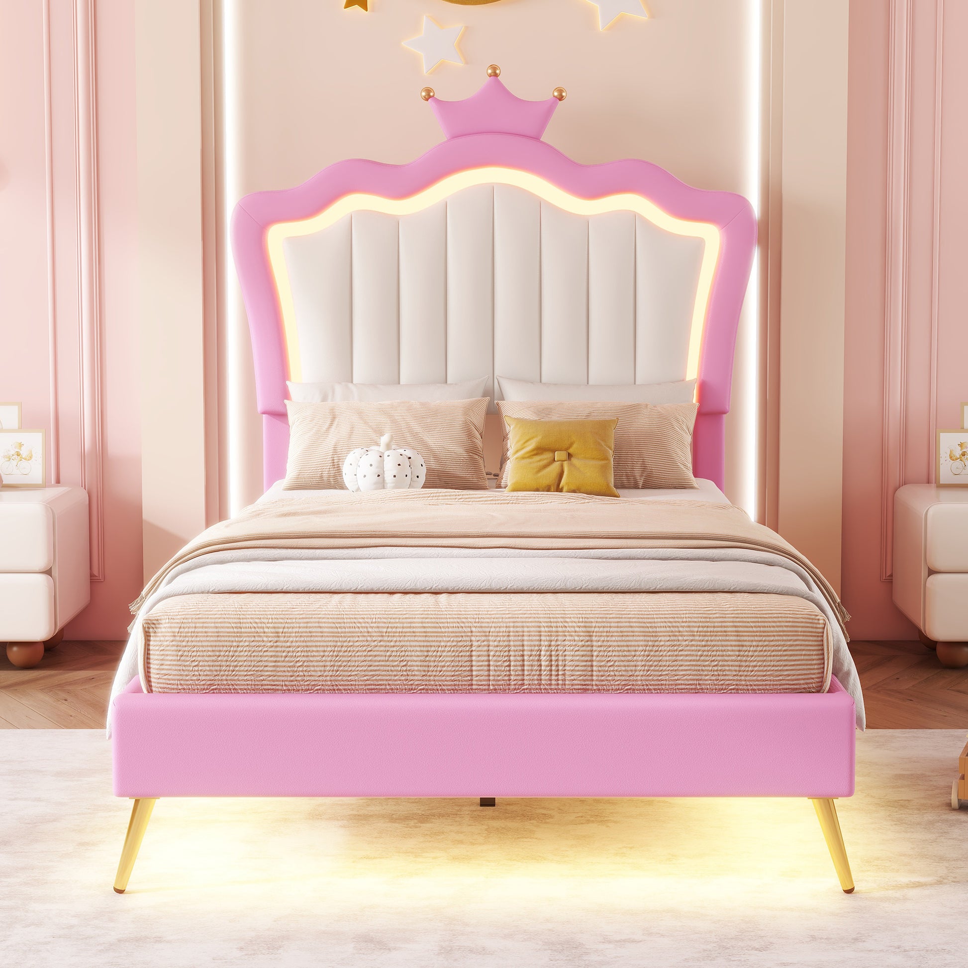 Twin Size Upholstered Bed Frame With Led Lights, Modern Upholstered Princess Bed With Crown Headboard, Pink White Box Spring Not Required Twin Pink White Wood Bedroom Modern Bed Frame Pu