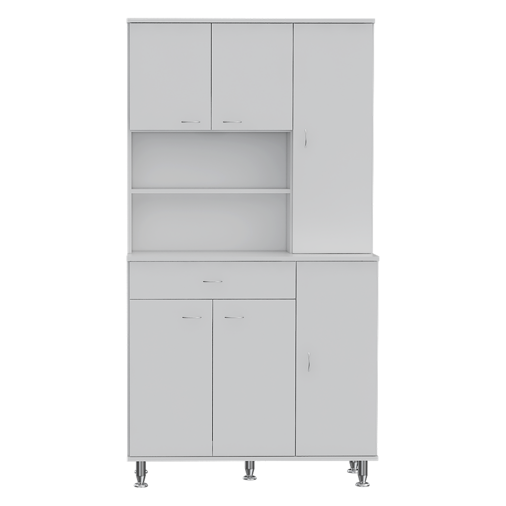 90 Kitchen Pantry Cabinet, Two Open Shelves, One Drawer, Multiple Cabinets, White White Solid Wood Mdf Engineered Wood