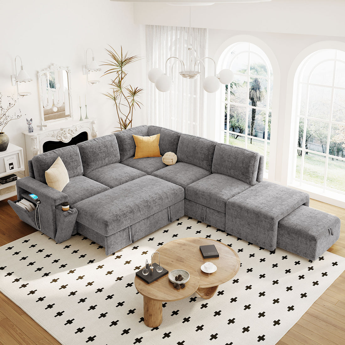 L Shaped Padded Modular Sofa With Storage Space, Usb Ports, And Cup Holders On The Armrests, Suitable For Living Rooms, Offices, And Apartments. Gray Wood Polyester 5 Seat