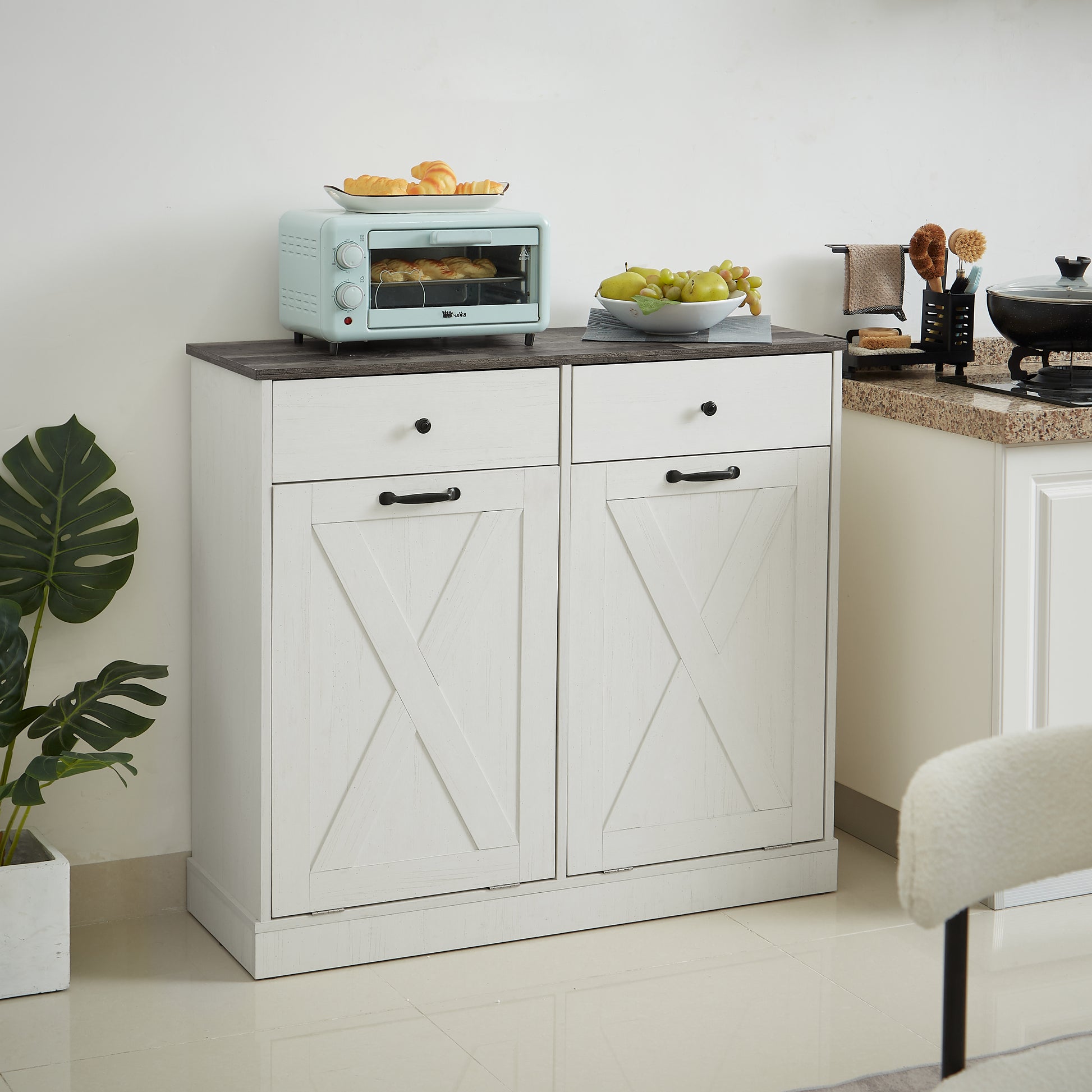 Wf003 Tc2 7034K Double Door Trash Can Tilt Trash Cabinet Kitchen Trash Can White White Solid Wood