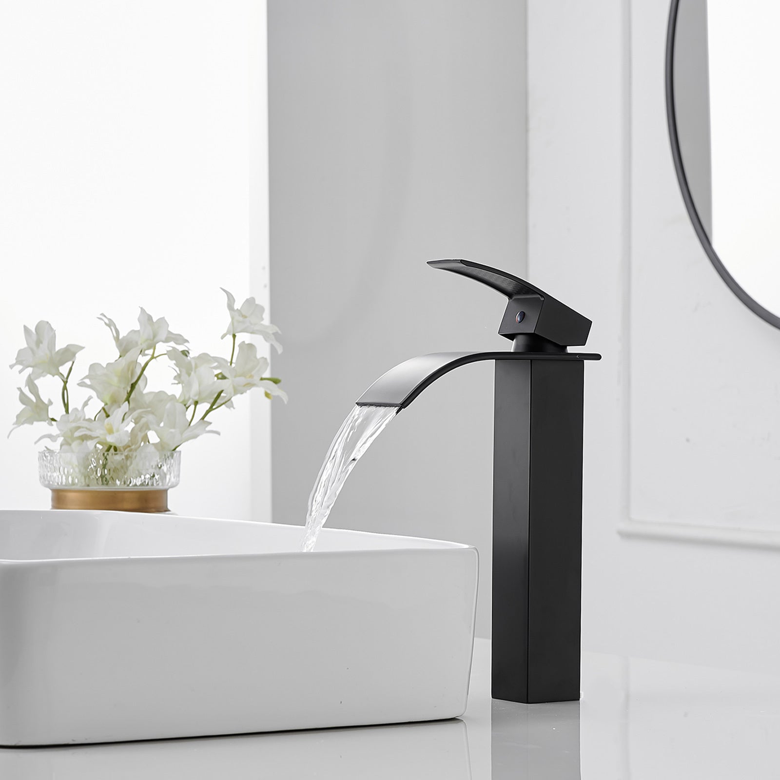 Matte Black Waterfall Single Handle Low Arc Bathroom Faucet With Drain Matte Black Brass