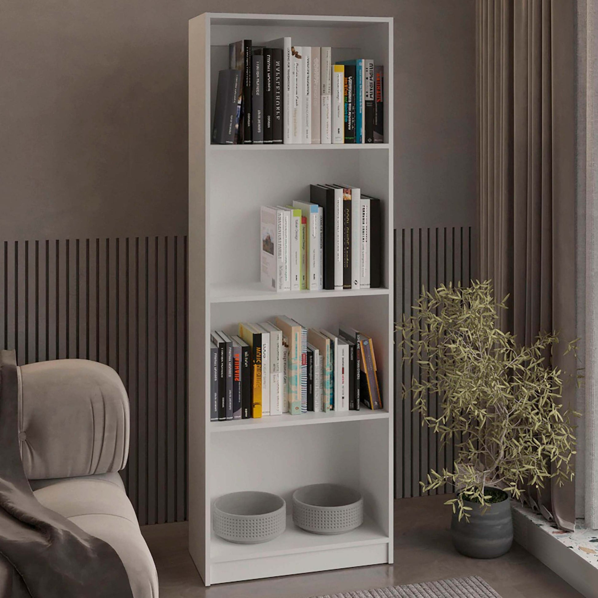 White Tier Storage Shelves Bookcase 4 White White Standard Horizontal Primary Living Space Closed Back Wood Wood