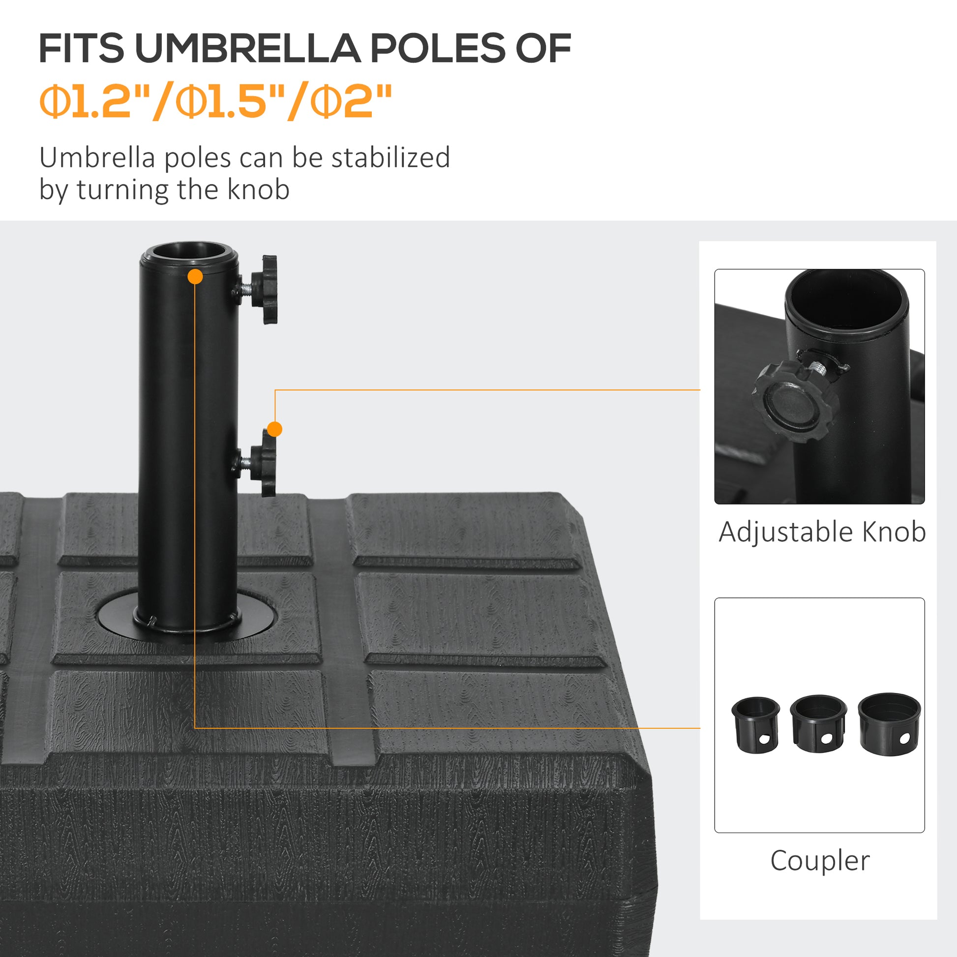 Outsunny 88 Lbs. Fillable Umbrella Base With Steel Umbrella Holder For 1.25", 1.5" Or 2" Umbrella Poles, Square & Reversible Heavy Duty Market Umbrella Stand, Black Black Hdpe