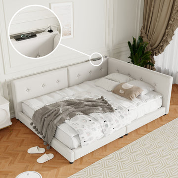 Upholstered Queen Size Platform Bed With Usb Ports, Beige Queen Box Spring Not Required Beige Linen