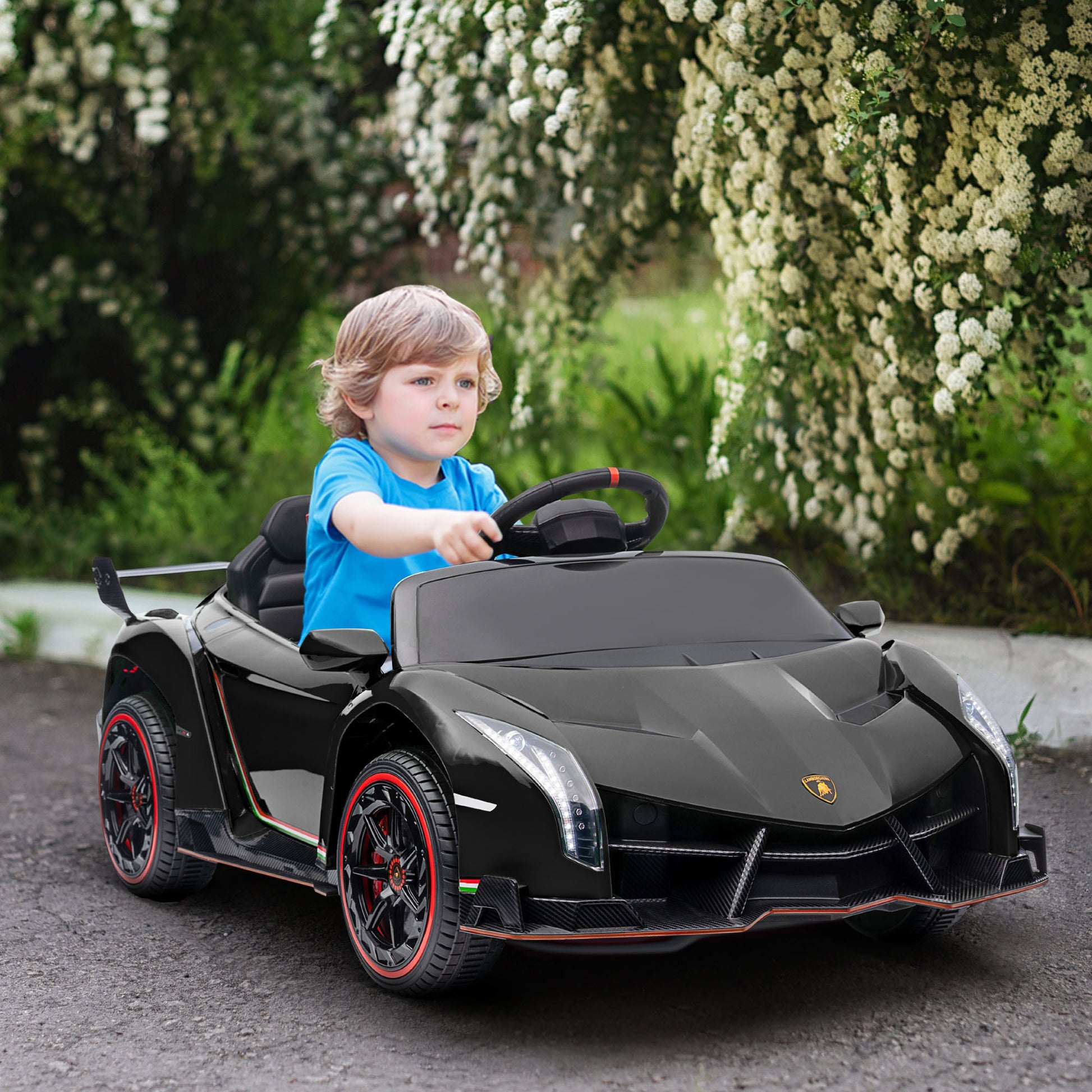 Aosom Lamborghini Veneno Licensed Kids Electric Car With Bluetooth, 12V Ride On Car With Butterfly Doors, Remote Control, Portable Battery, Suspension System, Horn, Songs, Lights, Black Black Plastic