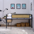 Single Metal Loft Bed With Rectangular Desk, Led Lights, Led Loft Bed Frame Double Bed With Storage Shelves And Hanging Storage Compartments, Safety Guard And Ladder, No Box Springs Required, Rattan G Twin Black Natural Mdf Iron