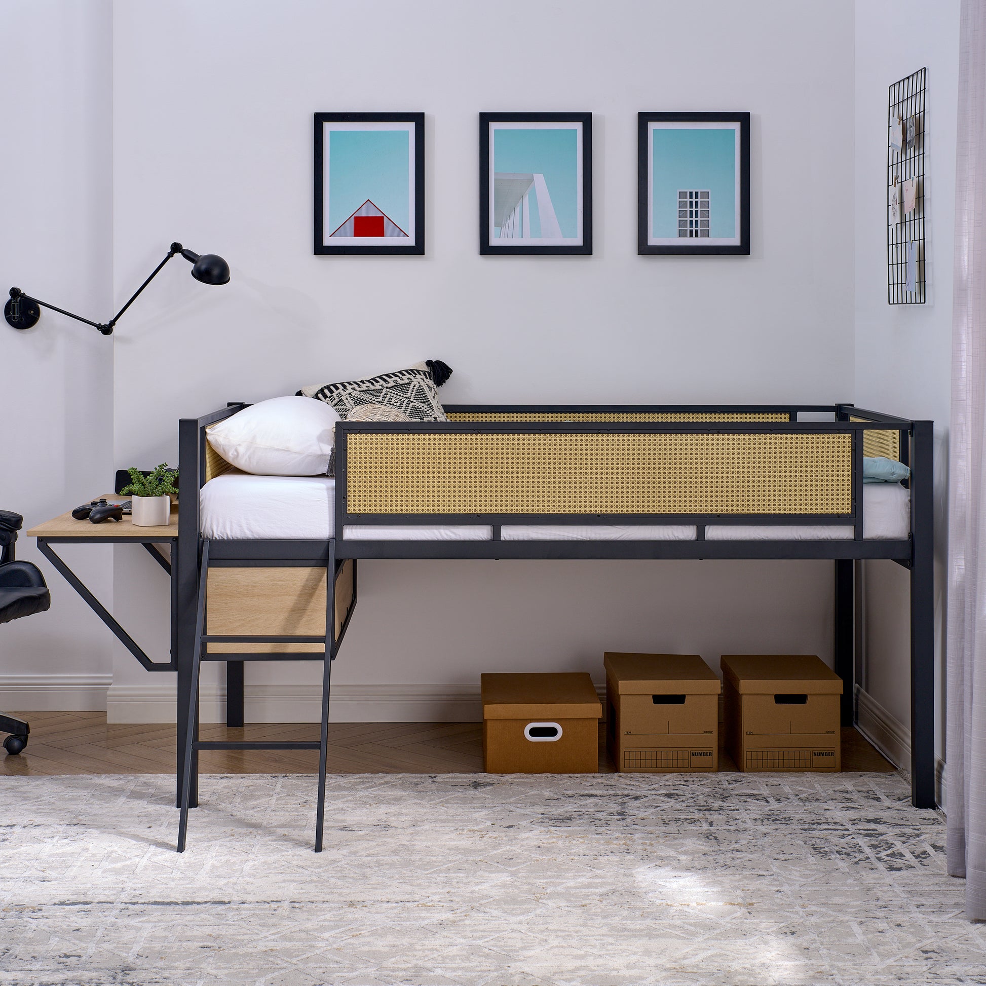 Single Metal Loft Bed With Rectangular Desk, Led Lights, Led Loft Bed Frame Double Bed With Storage Shelves And Hanging Storage Compartments, Safety Guard And Ladder, No Box Springs Required, Rattan G Twin Black Natural Mdf Iron