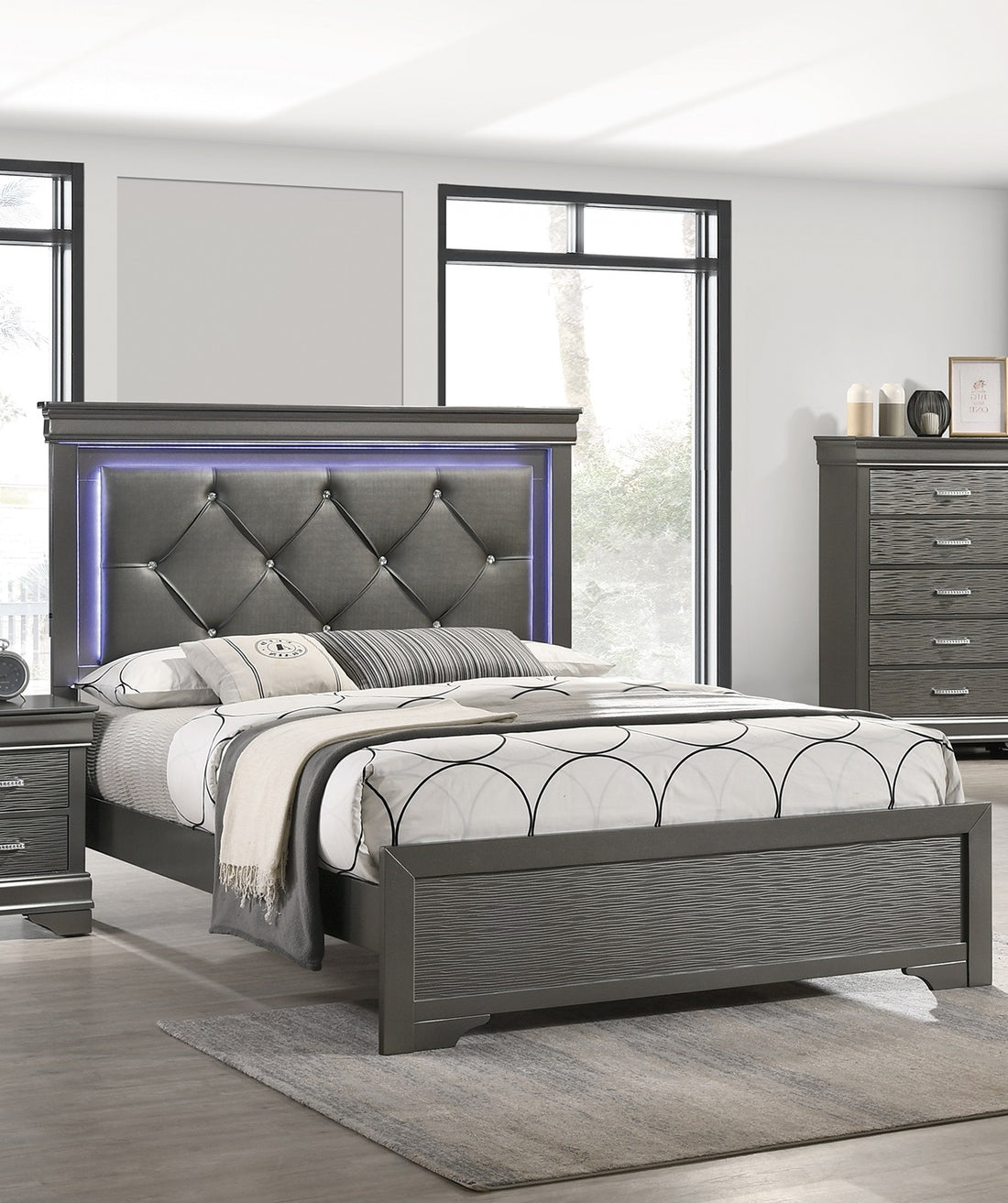 Dark Gray Faux Leather Tufted Headboard 1Pc Queen Size Bed W Led Bedroom Furniture Gray Unique Texture Fb Solid Wood Box Spring Required Queen Dark Gray,Gray Wood Bedroom Contemporary,Modern,Transitional,Ultra Modern Rubberwood Bed Frame Faux