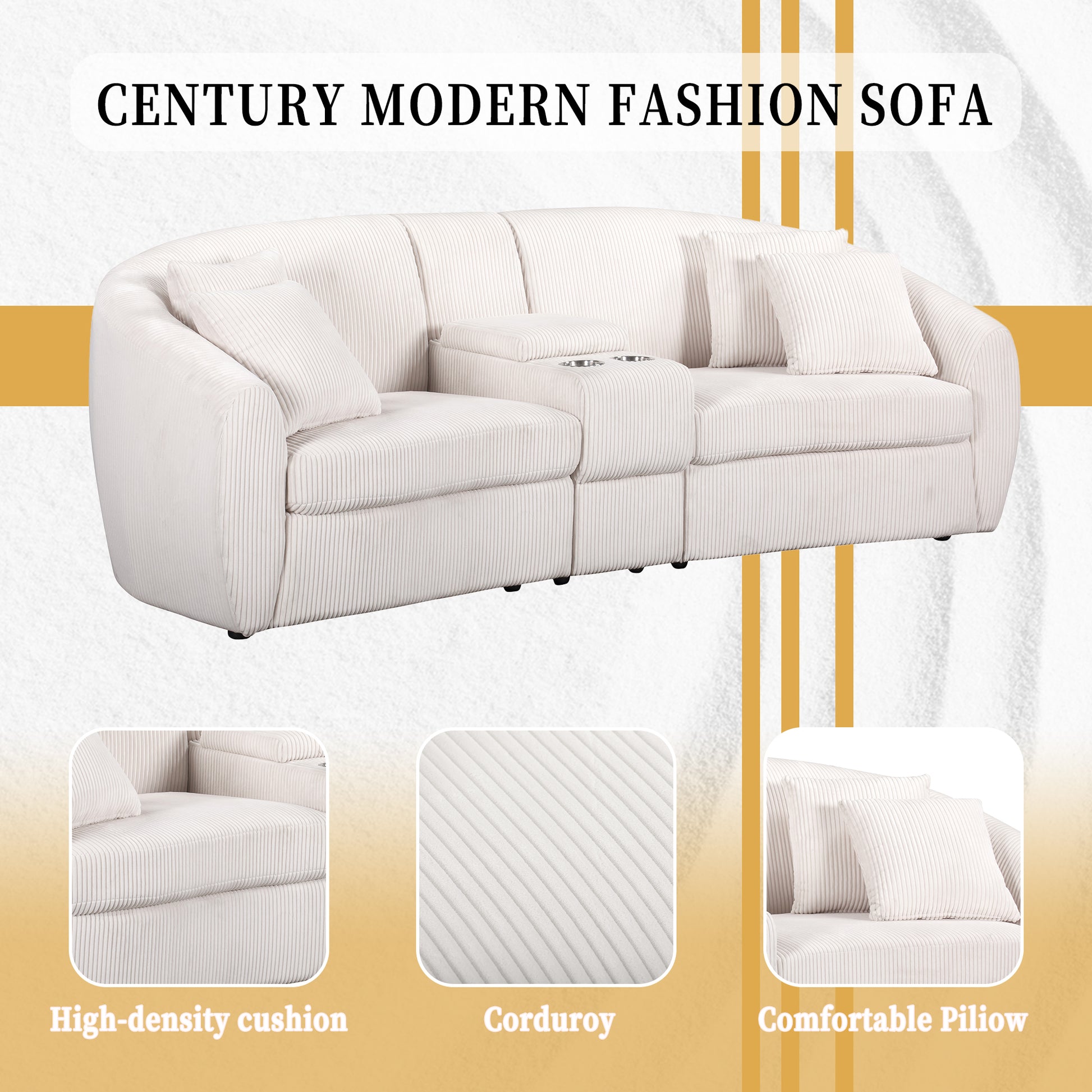 United We Win Corduroy Fabric, Two Cup Holders, Storage, Oversized Two Seat, Solid Wood Frame, High Quality Sponge Filling, Curved Placement Sofa Beige Corduroy 2 Seat