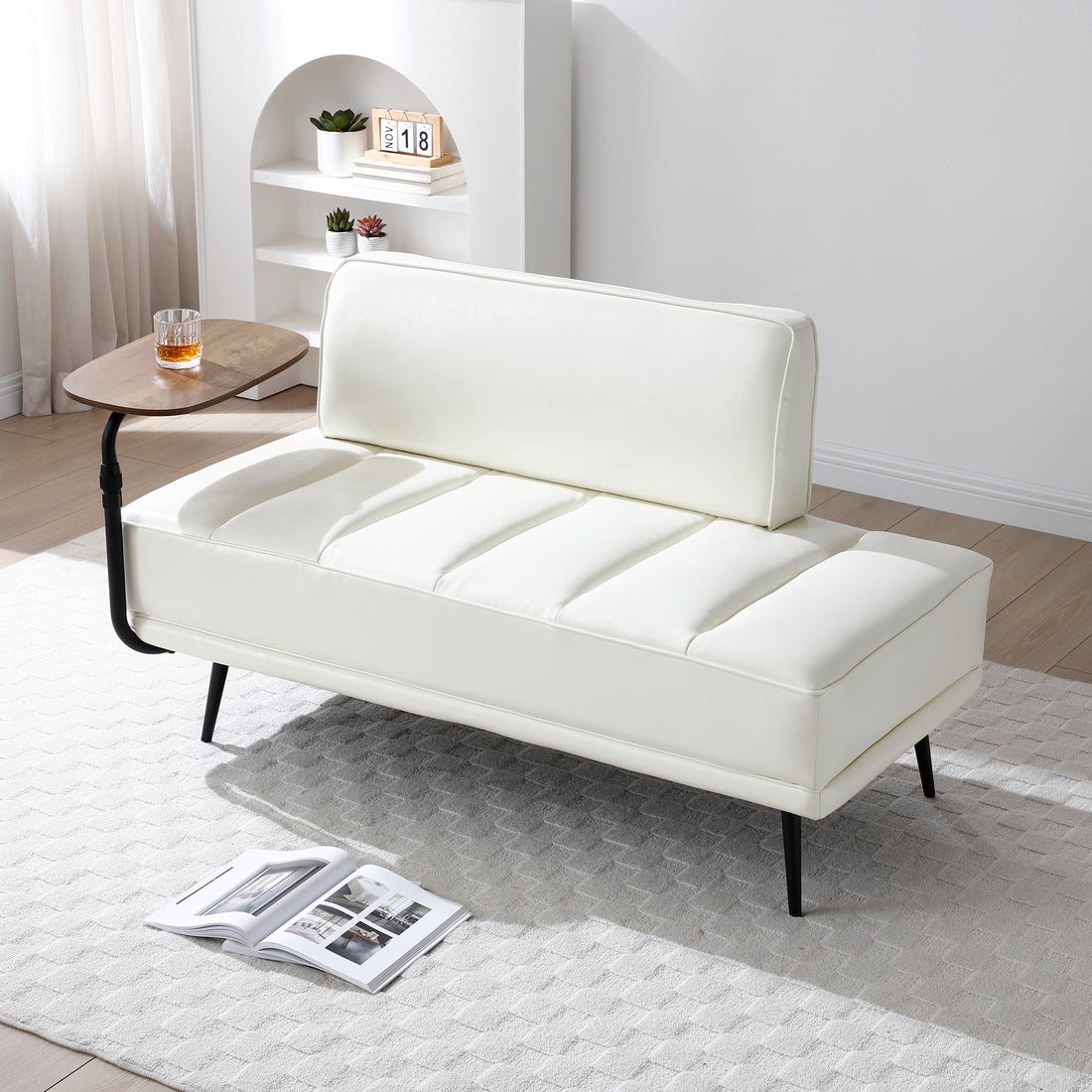 55"Inch Width Modern End Of Bed Bench,Beige Faux Leather Upholstered With Side Table, 360 Degree Swivel Tray Couch,Entryway Ottoman,Window Bench With Metal Legs For Bedroom, Living Room Beige Faux Leather Wood Primary Living Space Modern Foam Pu Leather