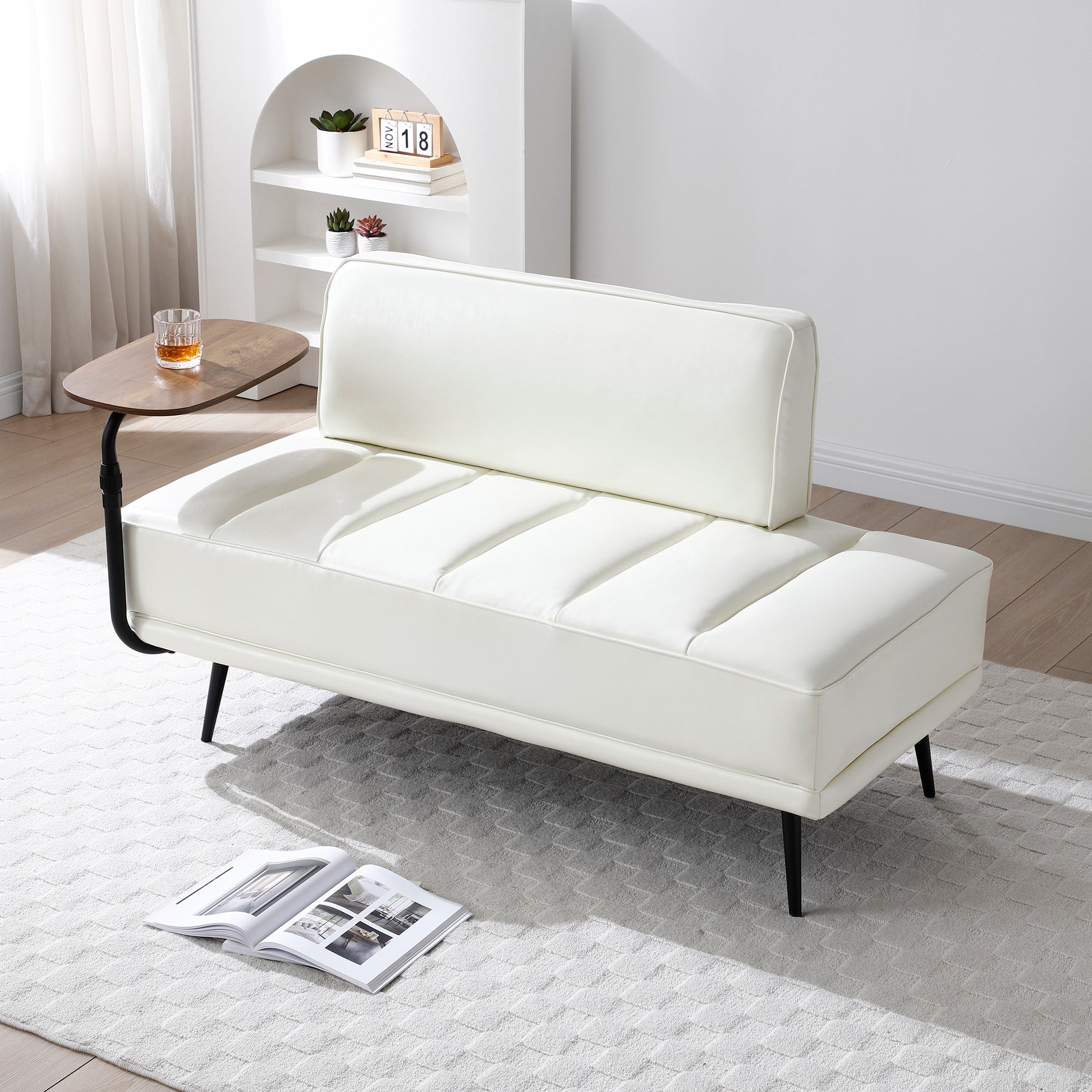 55"Inch Width Modern End Of Bed Bench,Beige Faux Leather Upholstered With Side Table, 360 Degree Swivel Tray Couch,Entryway Ottoman,Window Bench With Metal Legs For Bedroom, Living Room Beige Faux Leather Wood Primary Living Space Modern Foam Pu Leather
