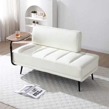 55"Inch Width Modern End Of Bed Bench,Beige Faux Leather Upholstered With Side Table, 360 Degree Swivel Tray Couch,Entryway Ottoman,Window Bench With Metal Legs For Bedroom, Living Room Beige Faux Leather Wood Primary Living Space Modern Foam Pu Leather