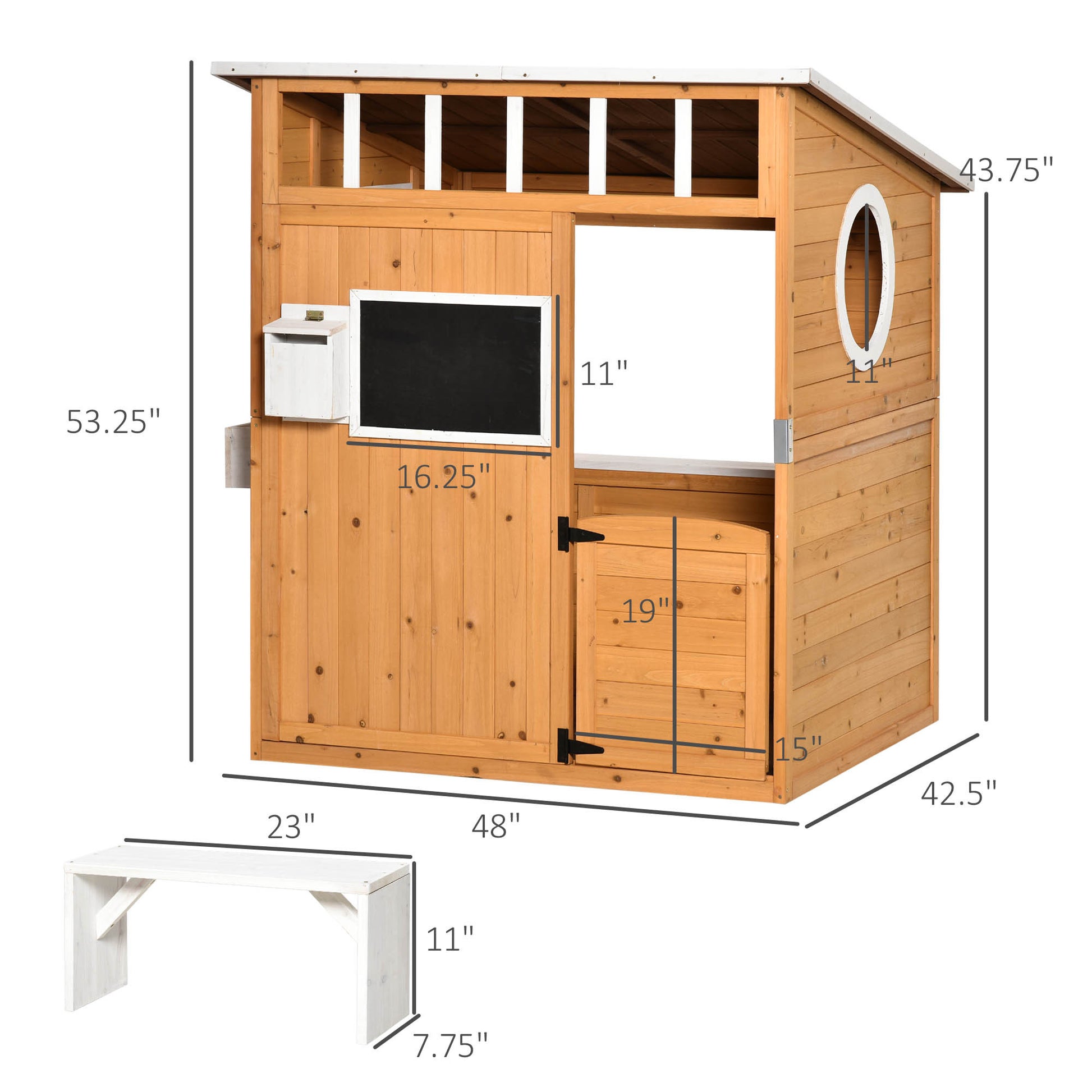 Outsunny Wooden Playhouse For Kids Outdoor With Working Door, Windows, Mailbox, Bench, Flowers Pot Holder, 48" X 42.5" X 53" Yellow Wood