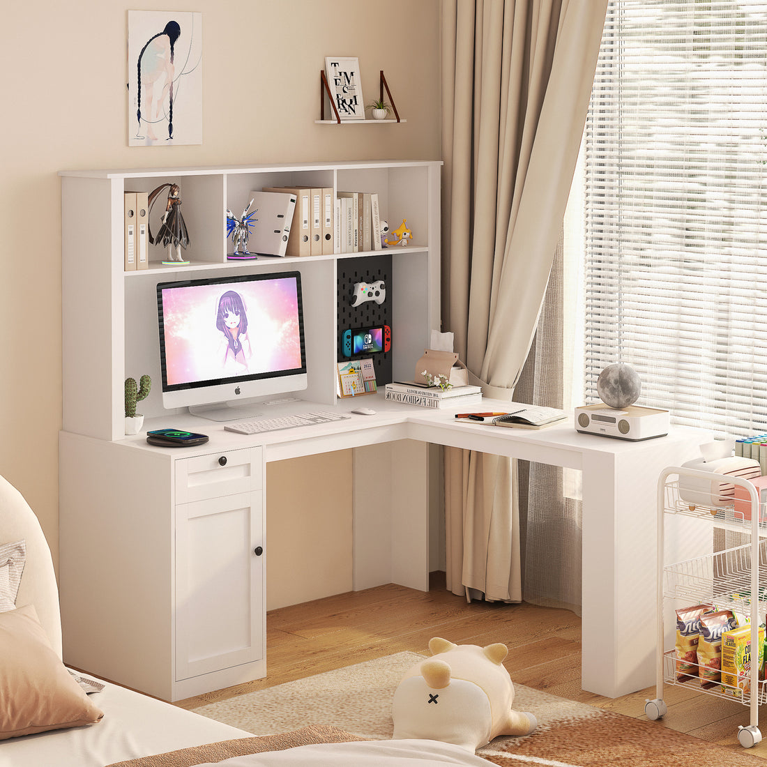 L Shaped Desk With Outlet, Computer Desk With Drawers, Bookshelf & Hutch, Modern Corner Desk, Home Office Desk,L Shaped Study Table Writing Desk,Corner Gaming Computer Desk With Storage White Mdf