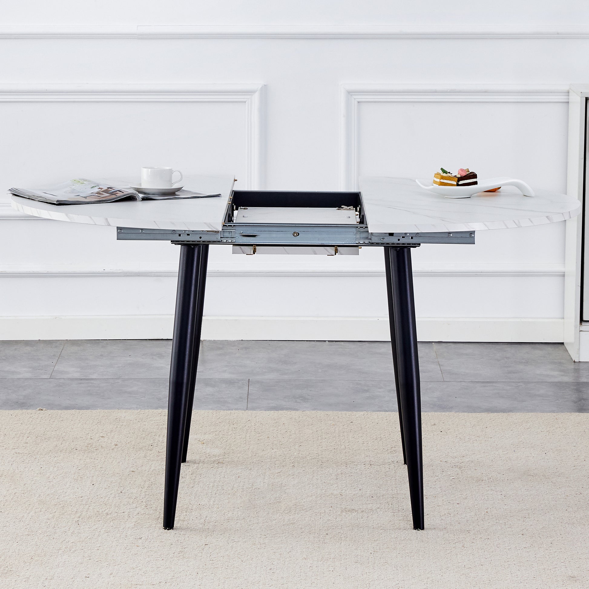 With A Clever Retractable Mechanism, The Mdf Table Top And Black Metal Legs And Has A Smooth And Delicate Surface. The Unique Look Creates The Sleekof A Modern Home. White Mdf Metal