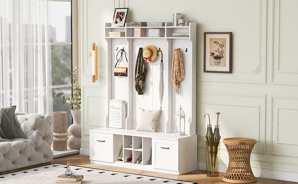 5 In 1 Entryway Bench With Coat Rack, 7 Sturdy Hooks, 2 Spacious Drawers And Adjustable Shelves, 58.8'' Wide Hall Tree With Metal Handles For Hallway, Entryway, Living Room White Mdf