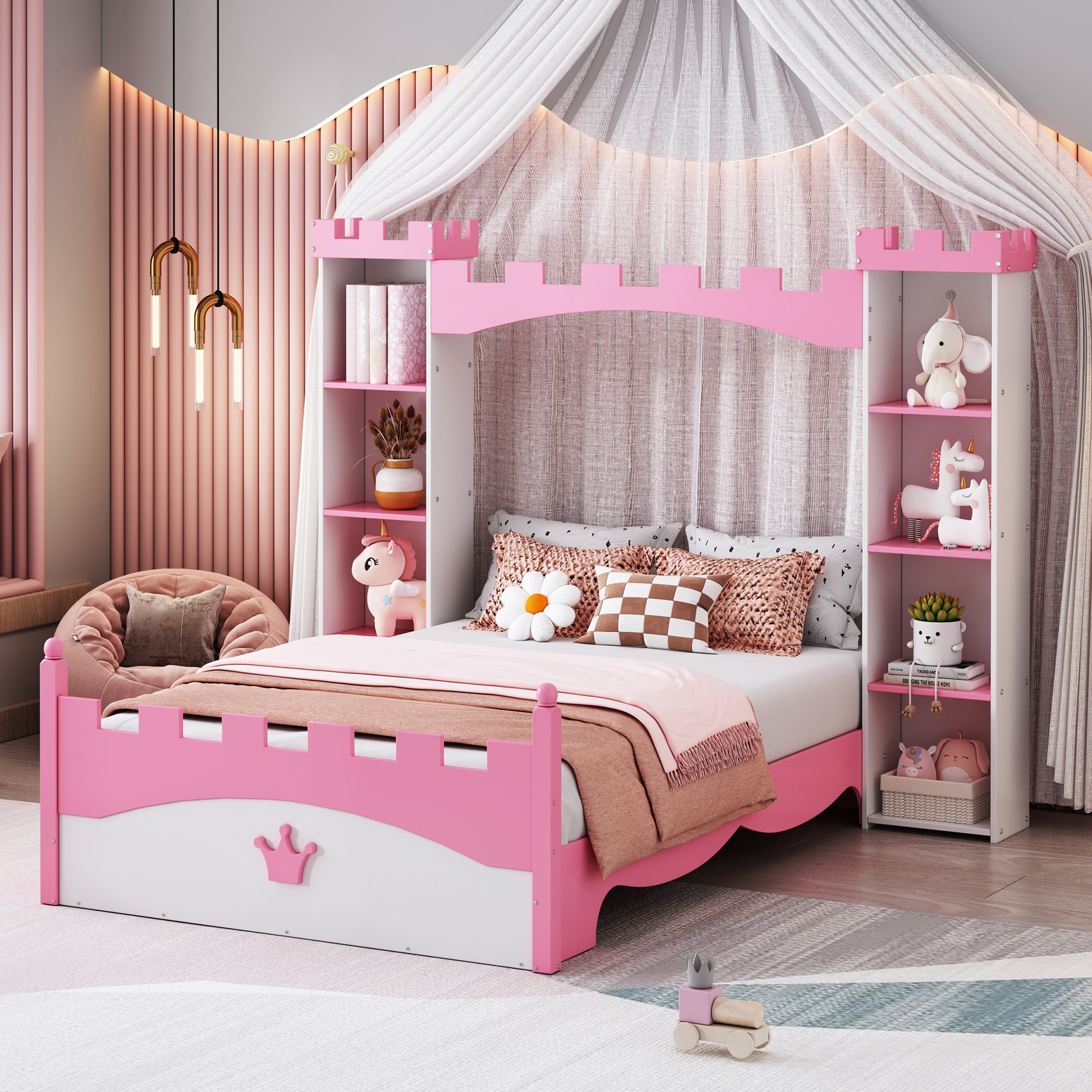 Castle Shaped Wooden Bed With Storage Shelf, Dreamy Twin Size Platform Bed For Kids Bedroom, White Pink Expected Arrival Time:8.14 Twin White Pink Wood