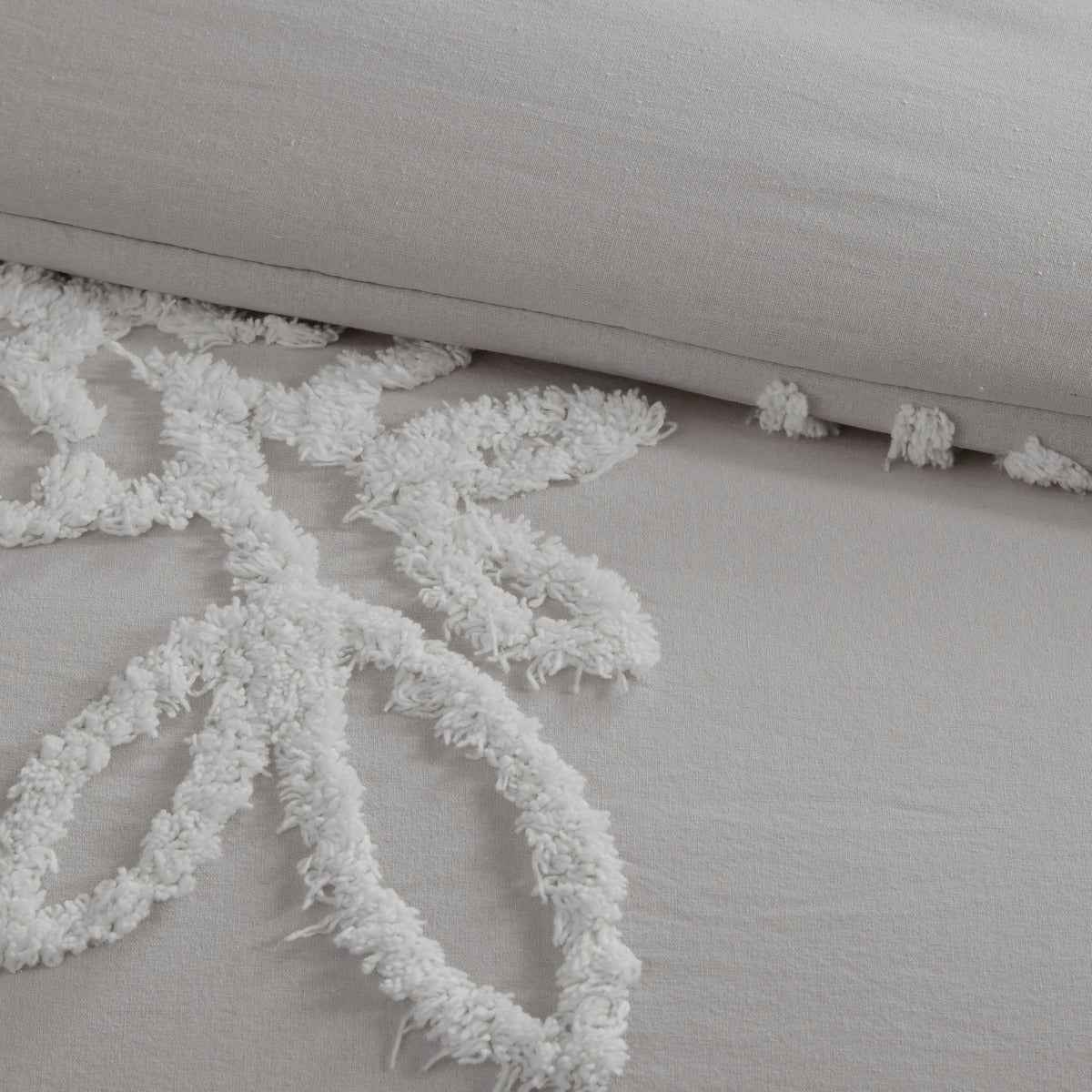 3 Piece Tufted Cotton Chenille Floral Comforter Set Warm Grey White Full Queen Full Warm Grey White Cotton