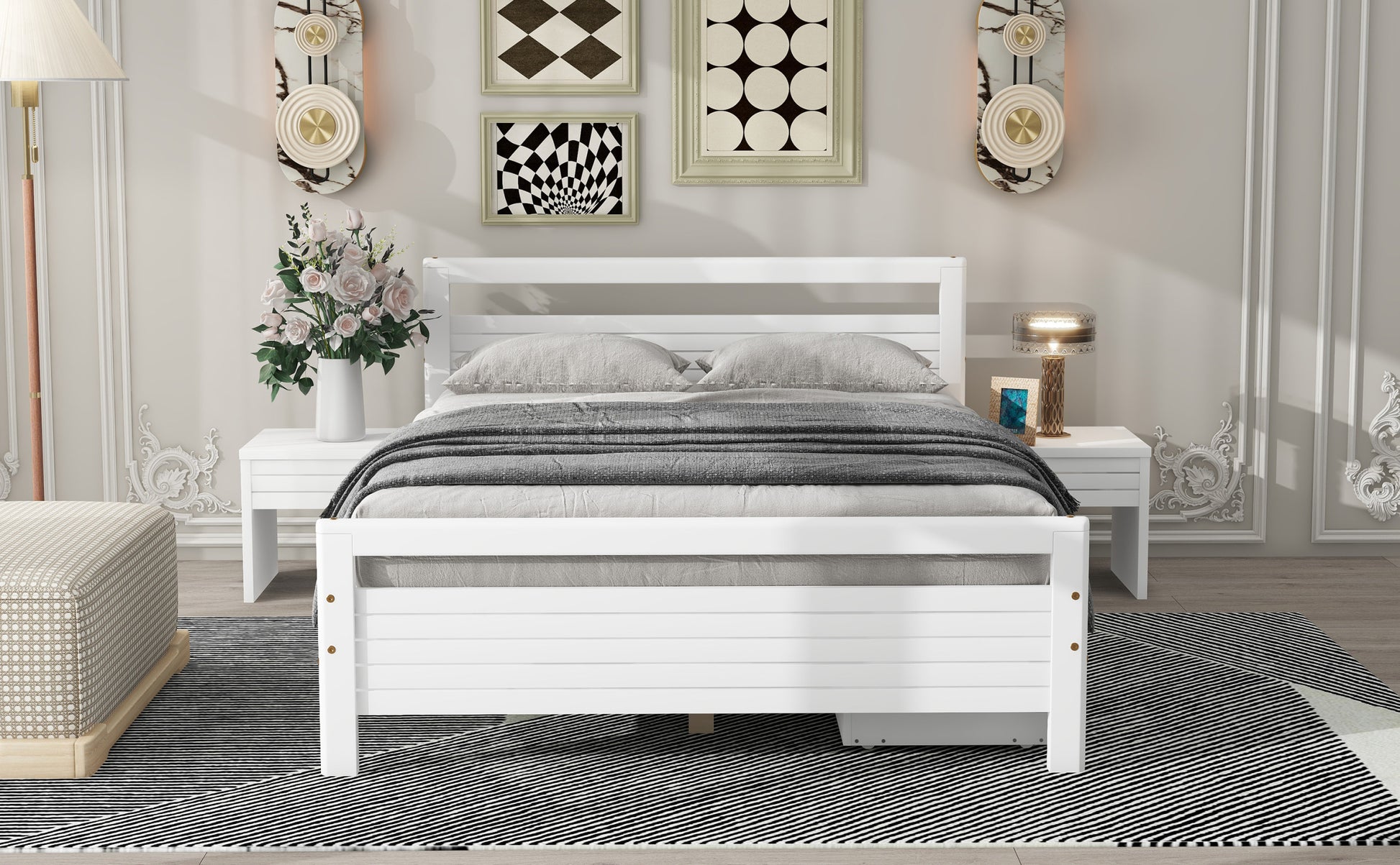 Full Size Wooden Platform Bed With 2 Storage Drawers And 2 Bedside Tables, White Full White Pine