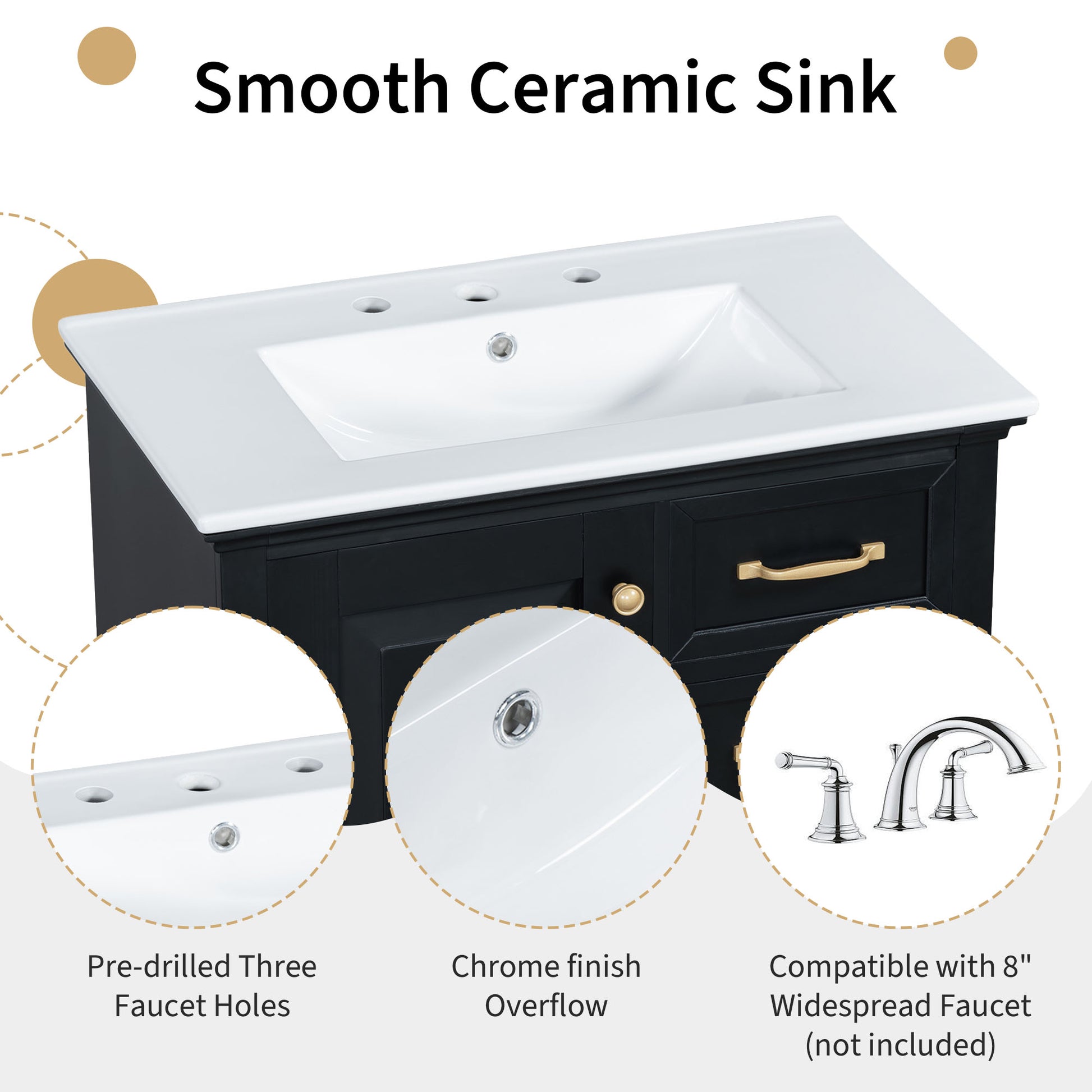 30" Bathroom Vanity With Sink, One Package, Black Bathroom Cabinet With Drawers, Solid Frame And Mdf Board Black Solid Wood Mdf
