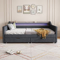Twin Size Daybed With 2 Storage Drawers And 2 Tier Shelf & Usb Type C Port, Modern Linen Upholstered Sofa Day Bed Frame With Smart Led Light For Livingroom, Apartment, Dark Grey Box Spring Not