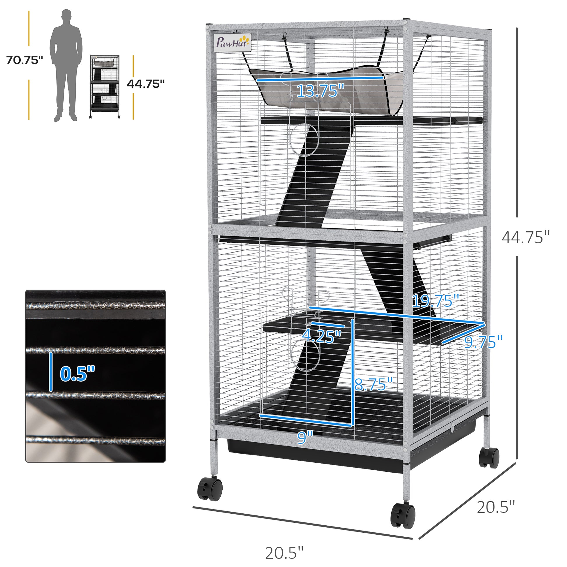 Pawhut Metal Small Animal Cage Rolling Big Ferret Cage, Chinchilla Cage, Sugar Glider Cage, With Hammock & 4 Tiers, Removable Tray, White White Steel