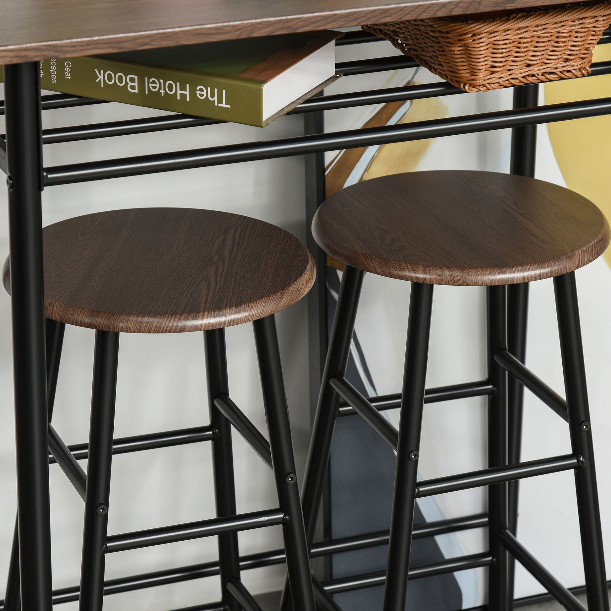Homcom 3 Piece Counter Height Bar Table And Chairs Set, Space Saving Dining Table With 2 Matching Stools, Storage Shelf Metal Frame Footrest, Black, Brown Black Mdf