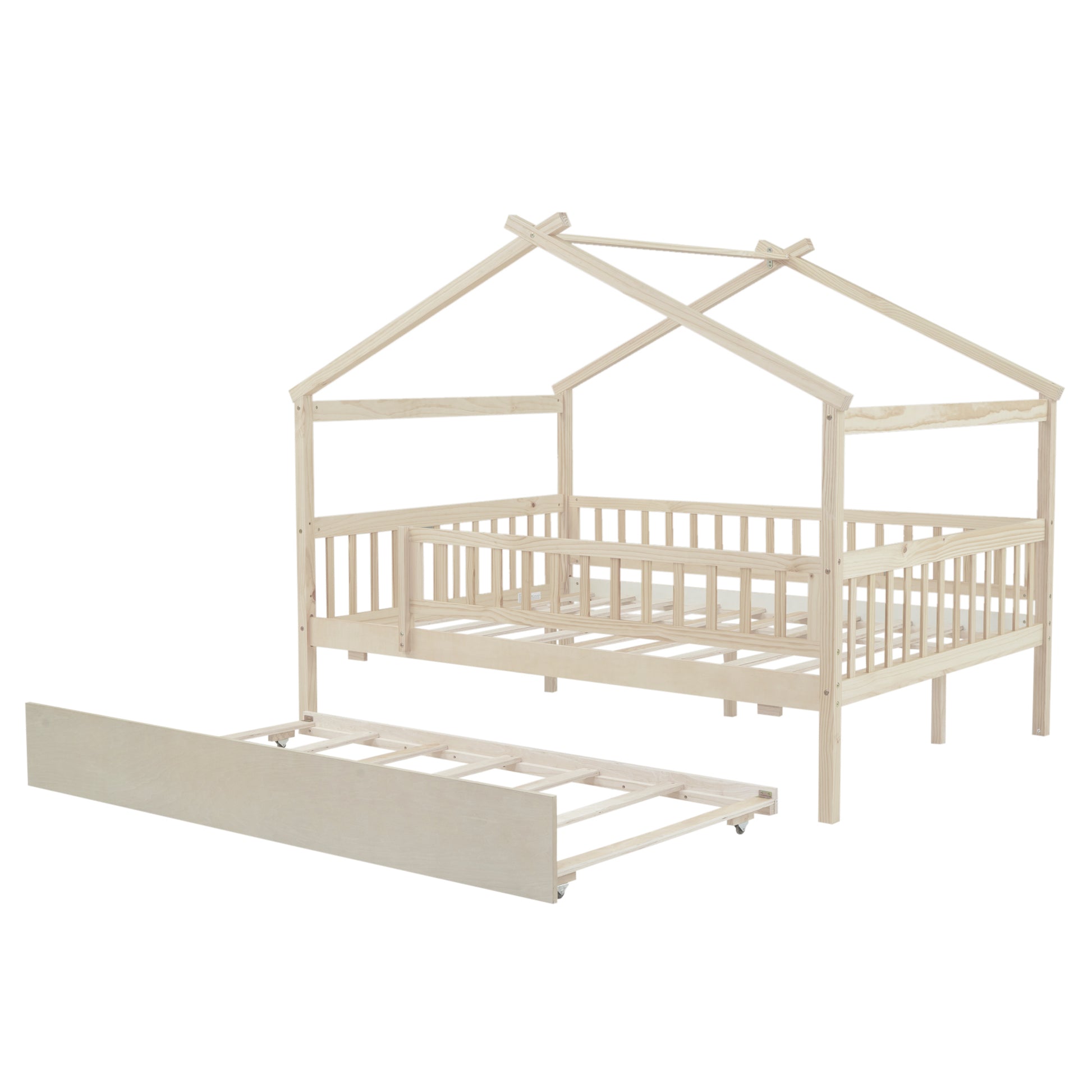 Full Size Wooden House Bed With Twin Size Trundle, Natural Full Natural Solid Wood Mdf