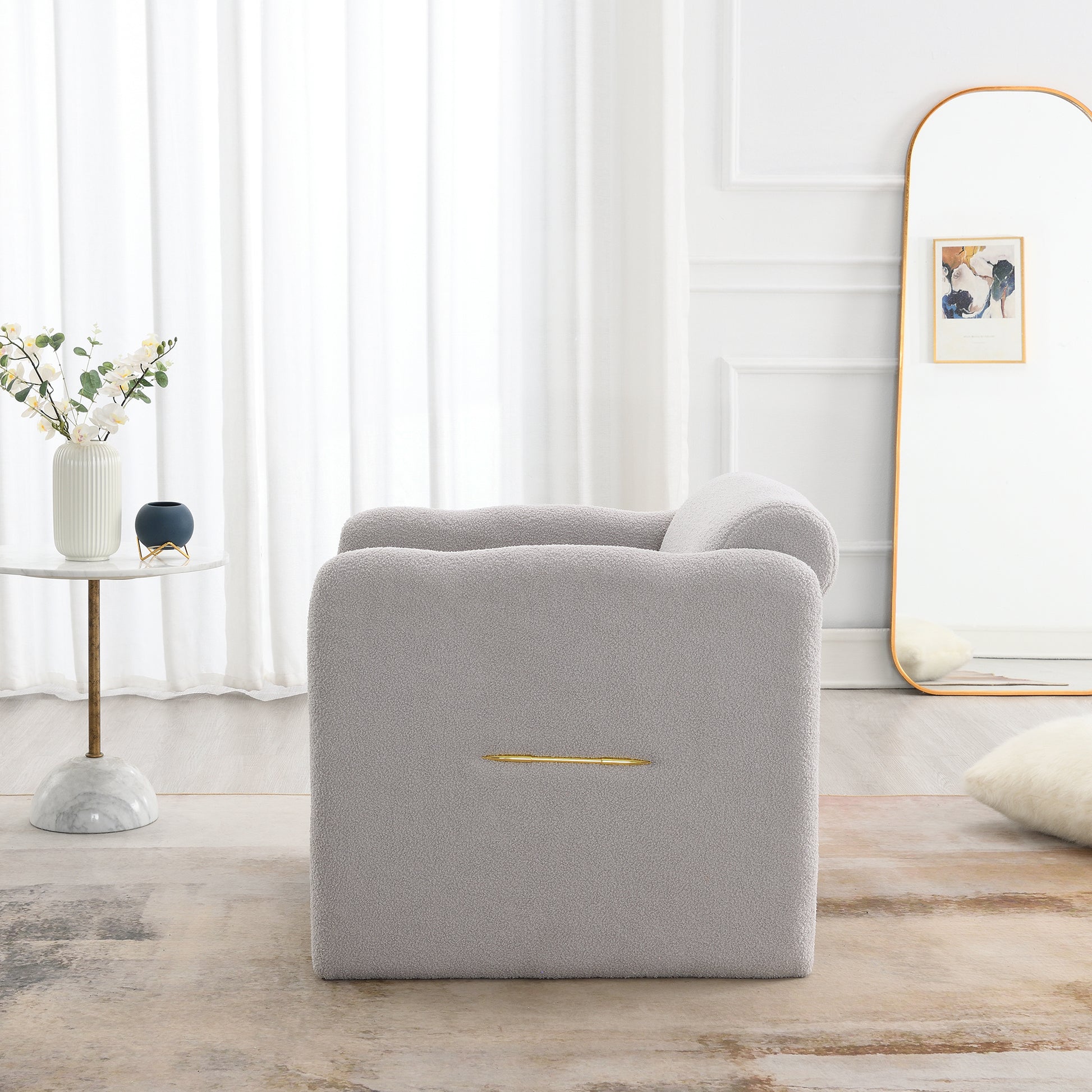 Arm Chair With Waved Arms, Metal Decoration On Both Side Arms, Accent Chair For Primary Living Space,Living Room,Bedroom, Teddy Fabric, Light Grey Light Grey Primary Living Space Modern Foam Plywood