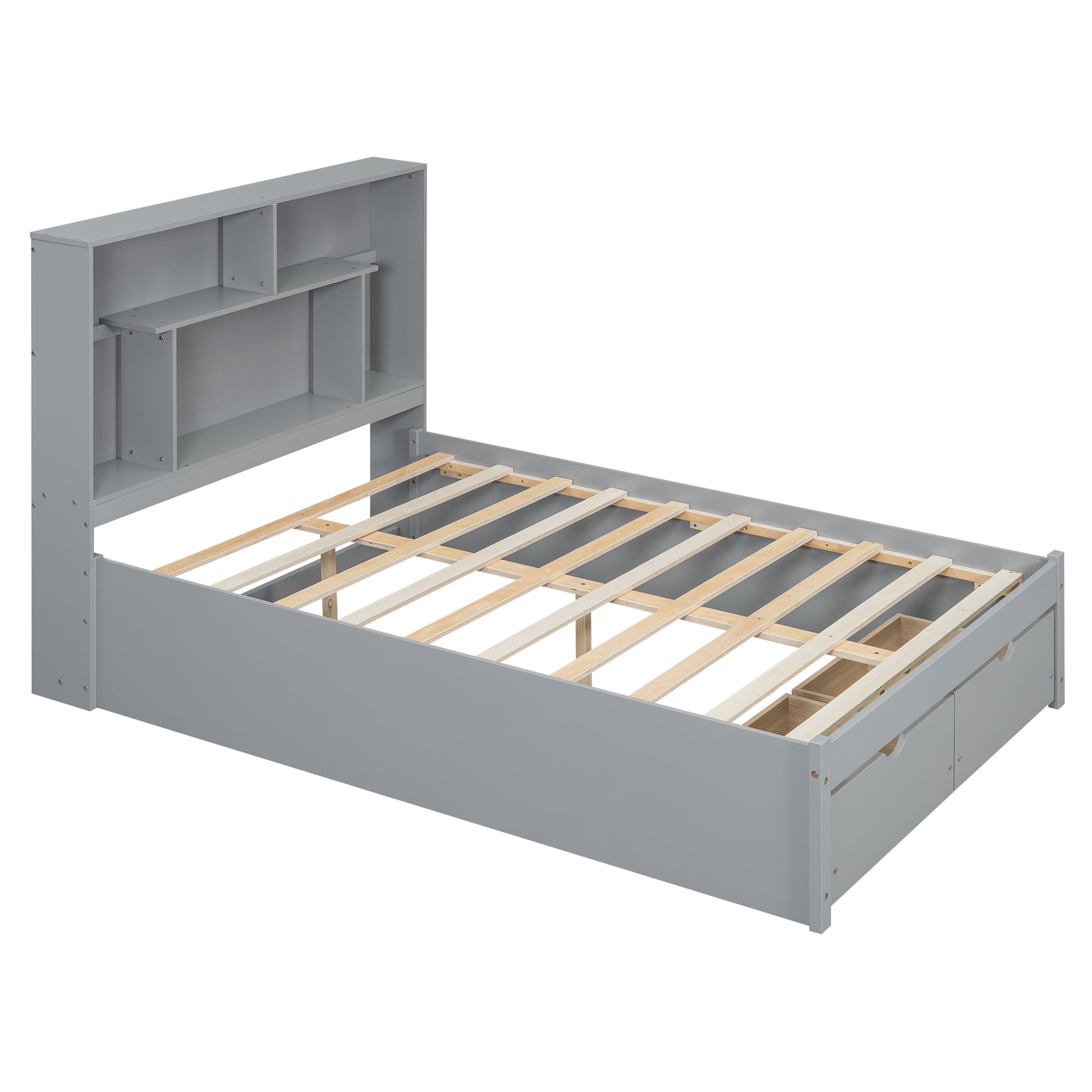 Full Size Platform Bed With Storage Headboard And 2 Drawers, Gray Box Spring Not Required Full Gray Wood Bedroom Bed Frame Solid Wood Mdf