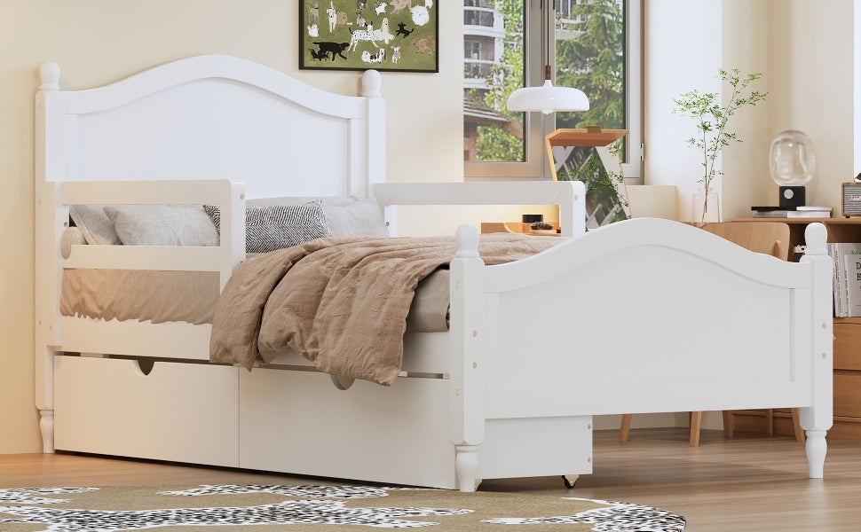 Twin Size Wood Platform Bed With Guardrails On Both Sides And Two Storage Drawers ,White Twin White Wood