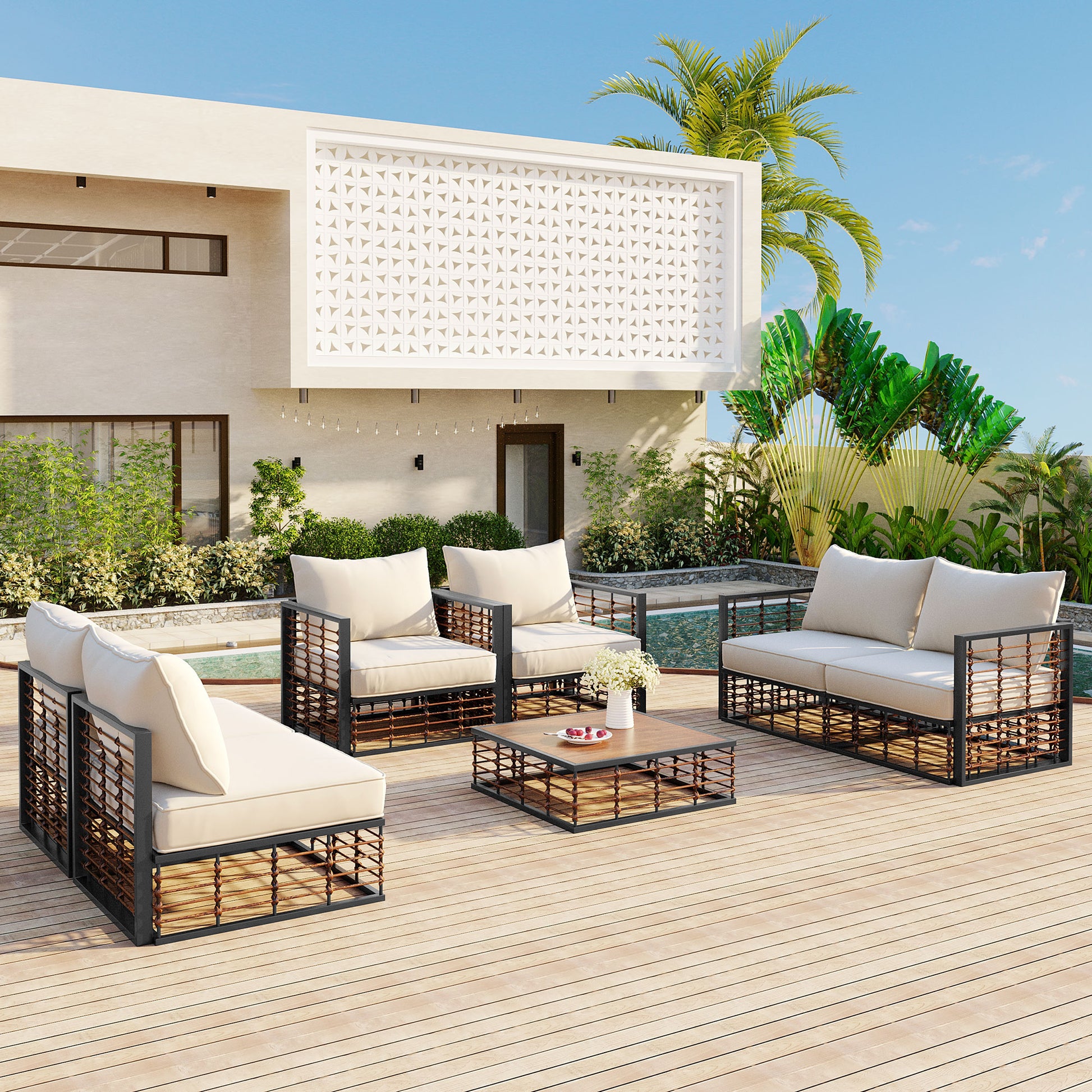 Modern Minimalist 7 Piece Metal Patio Sectional Sofa Set, All Weather Garden Conversational Furniture Set With Thick Cushions And Coffee Table For Indoor Outdoor, Gray Yes Deep Seating White Weather