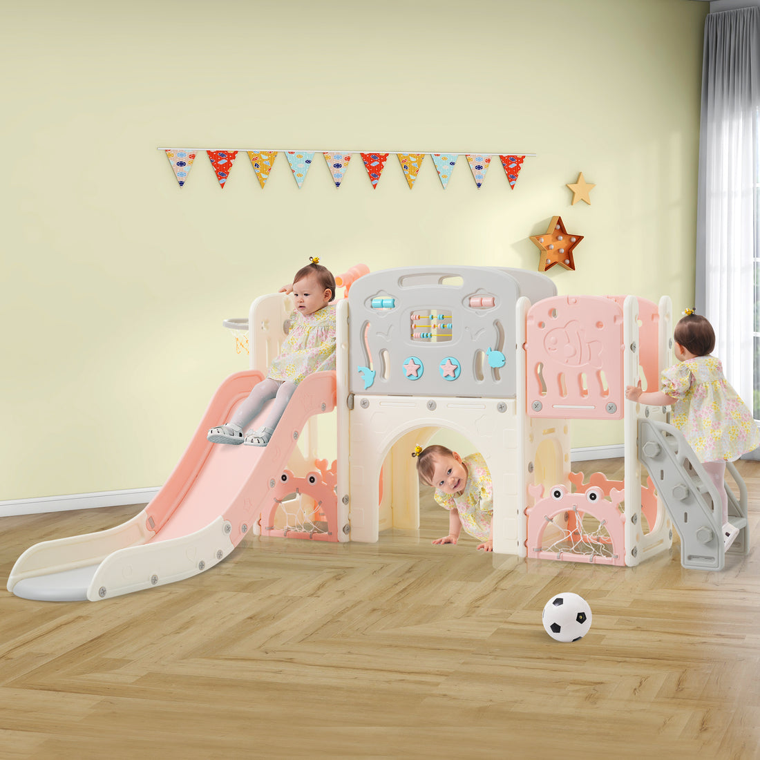 11 In 1 Toddler Slide, Kids Slide For Toddler Age 1 3 With Basketball Hoop, Kids Slide Playset Structure,Arch Tunnel And Telescope, Toy Storage Organizer For Toddlers, Kids Climbers Playground Pink Cute 1 To 2 Years Hdpe Indoor & Outdoor Use