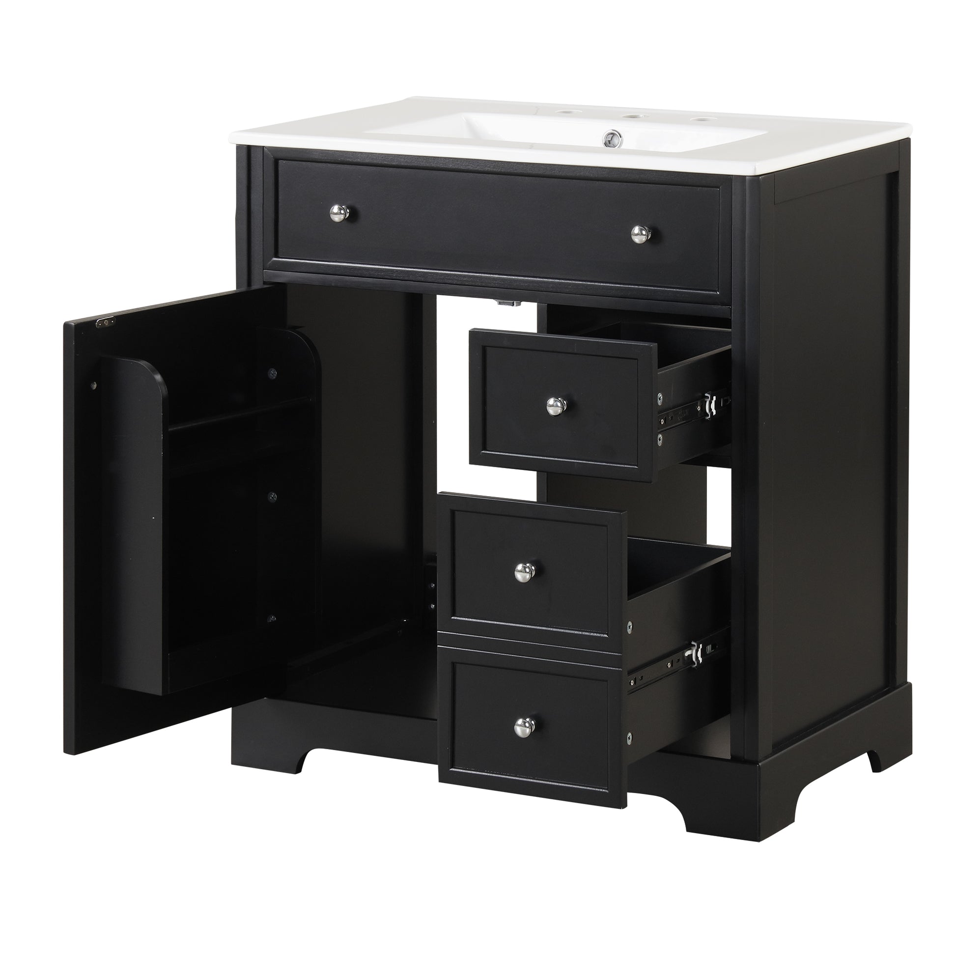 30" Bathroom Vanity With Sink Top, Bathroom Vanity Cabinet With Door And Two Drawers, Mdf Boards, Solid Wood, One Package, Black Black Solid Wood Mdf