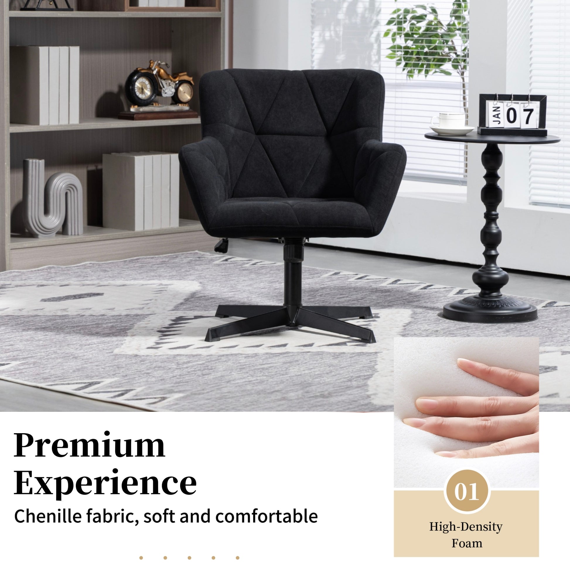 Modern Velvet Desk Chair Swirl Office Chair No Wheels Comfy Computer Task Chair Metal Legs Upholstered Accent Arm Chair For Living Room Bedroom Small Spaces Home Office, Black Black Bedroom Foam Velvet
