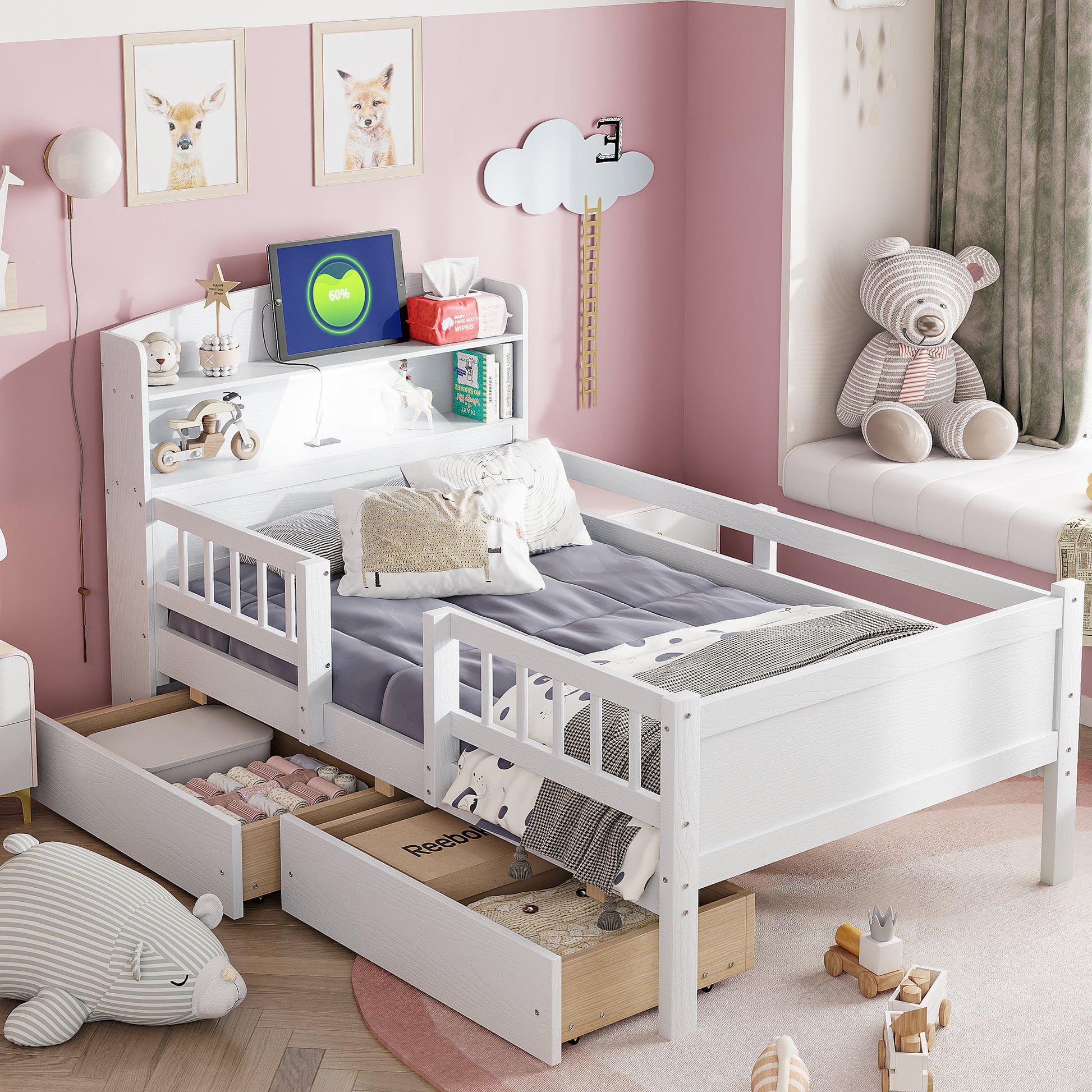 Wood Twin Size Platform Bed With Built In Led Light, Multi Functional Headboard, Guardrail And 2 Drawers, White Expected Arrival Time: 3.15 Box Spring Not Required Twin White Wood Bedroom Bed Frame