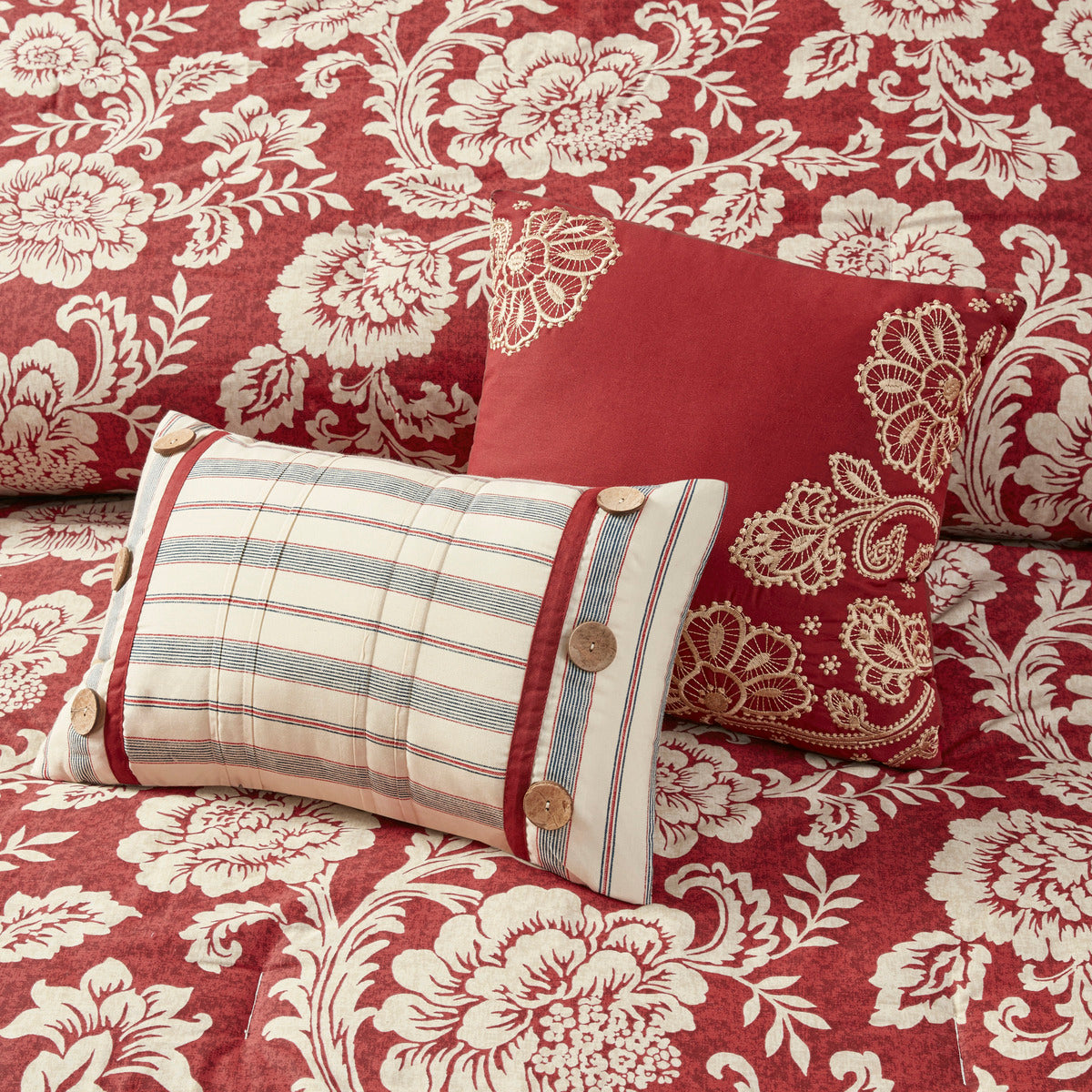 9 Piece Cotton Twill Reversible Duvet Set California King Red Polyester