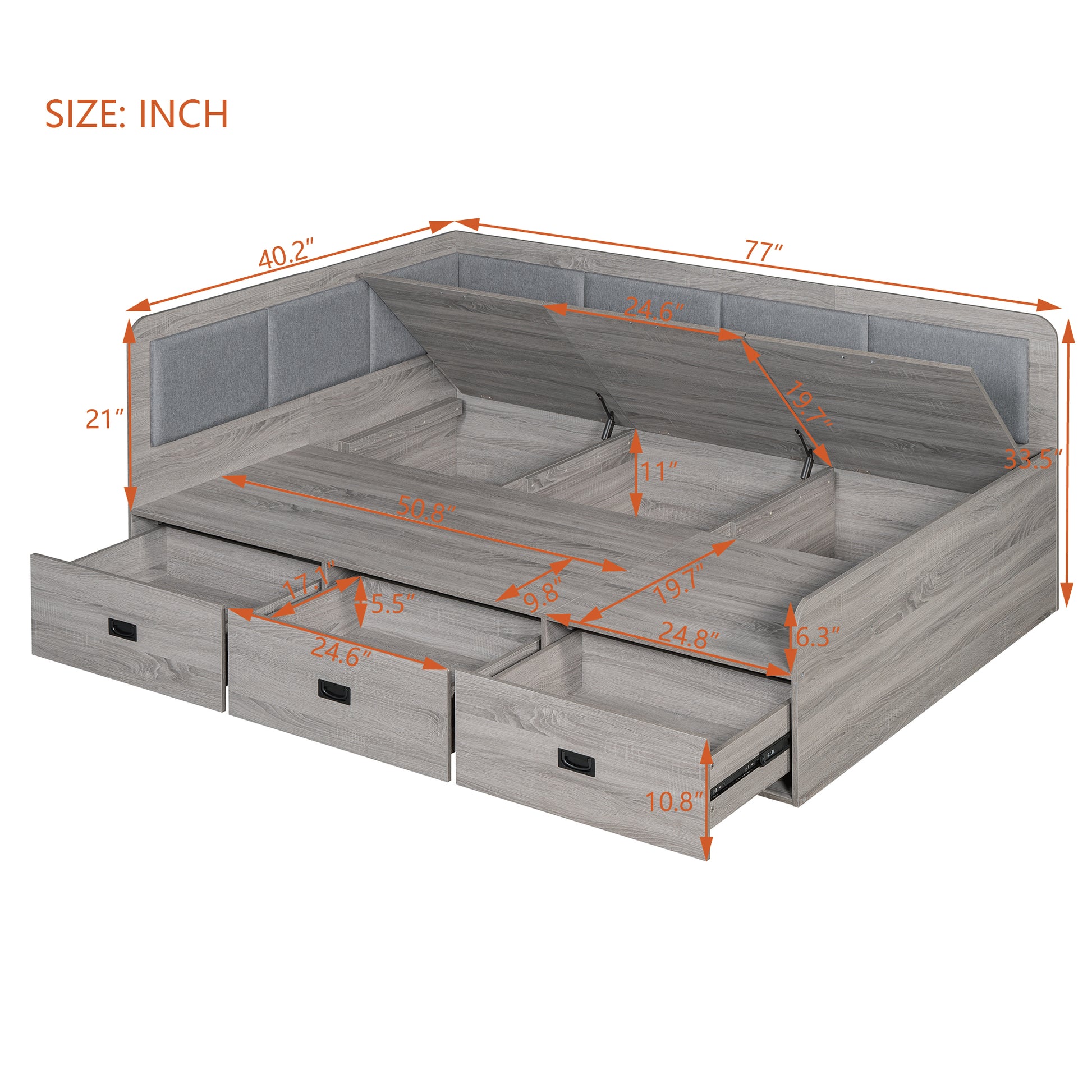 Twin Size Daybed With Three Drawers And Three Storage Compartments, Gray Twin Gray Mdf