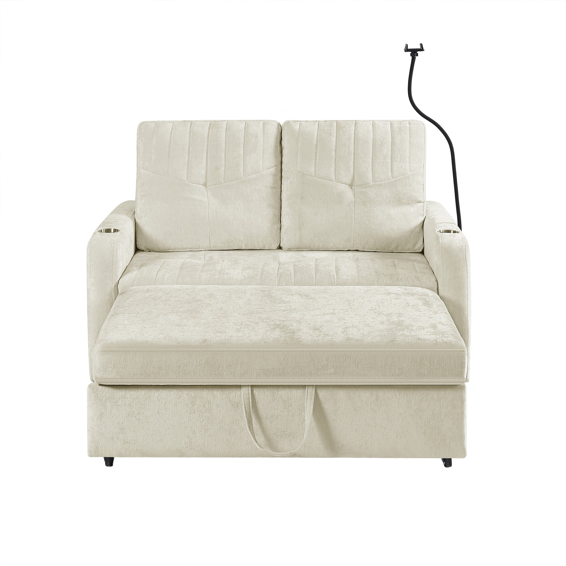 53.9" Modern Loveseat Pull Out Sofa Bed With Adjustable Backrest, Two Cup Holdersa Phone Holder, Three Charging Ports And Side Storage Pockets For Living Room, Beige Beige Foam Chenille