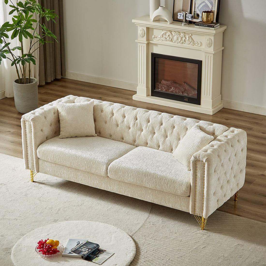 82 Inch Chenille Pull Buckle Design Sofa For Living Room,Buttons Tufted With Copper Nail Decoration Armrest, Modern Couch Upholstered Button And Metal Legs Beige Foam Chenille 3 Seat